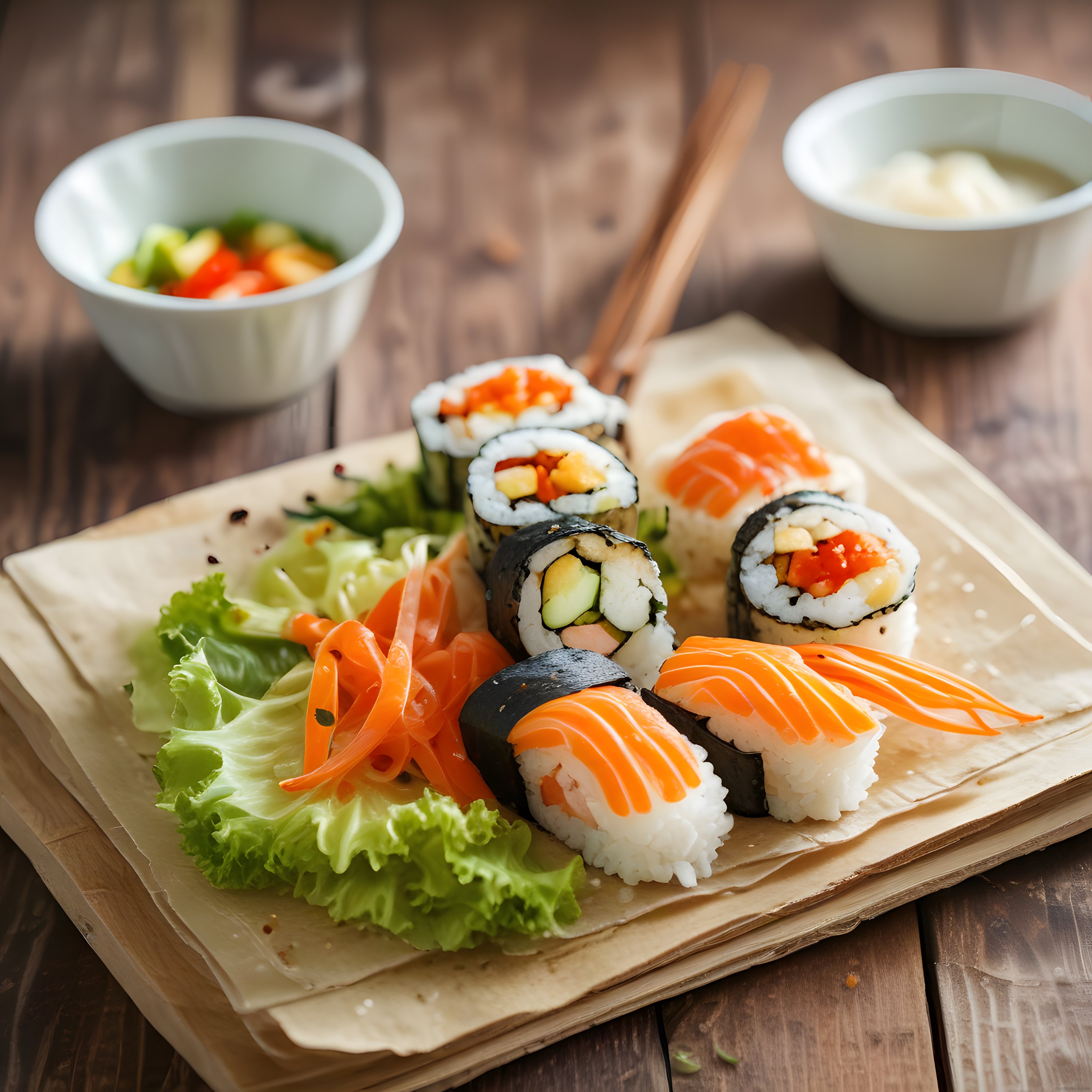 Rustik Ahşap Masa Üzerinde Özenle Hazırlanmış Sushi ve Nigiri Sunumu