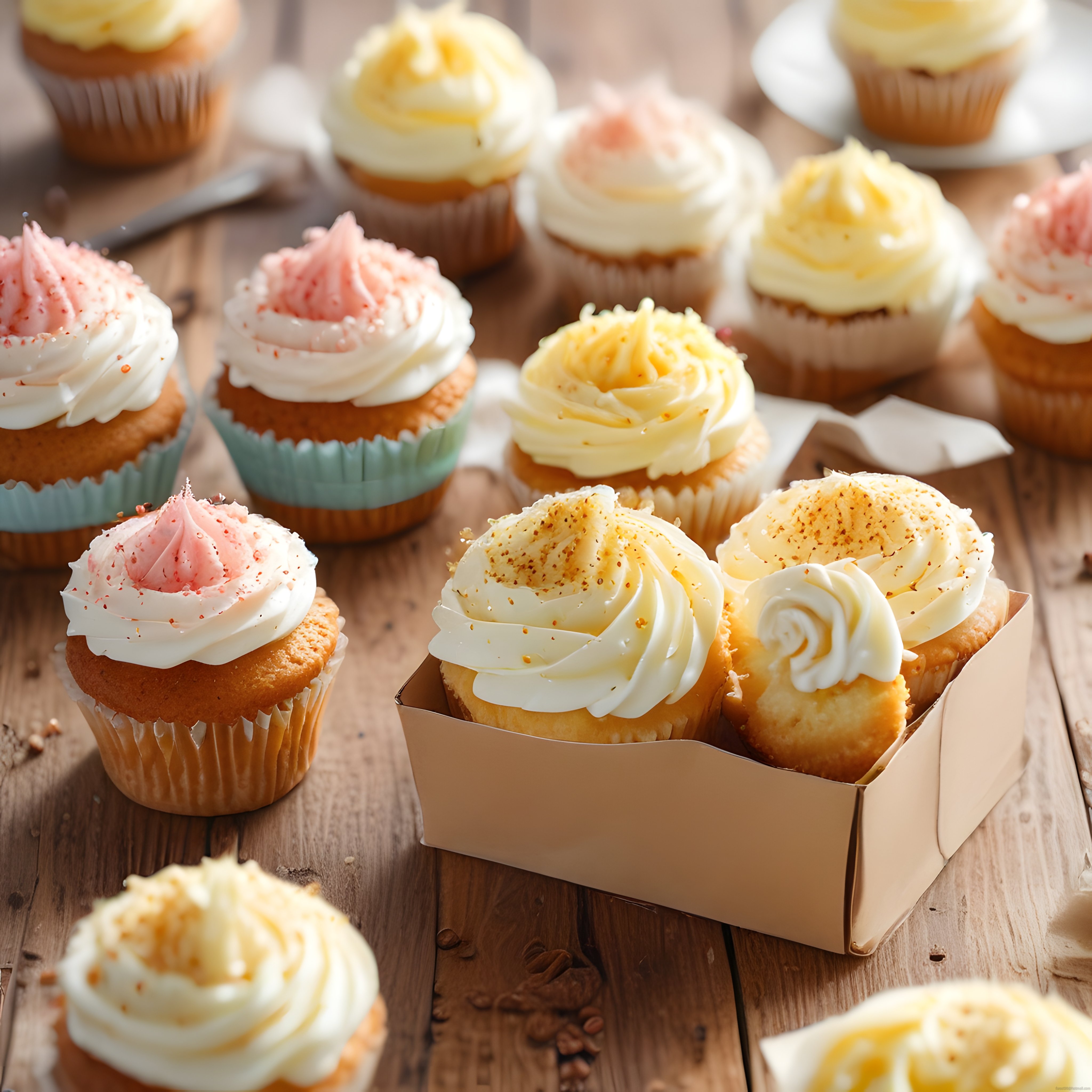 Rustik Ahşap Masa Üzerinde Pastel Renkli Kremalı Cupcake Çeşitleri