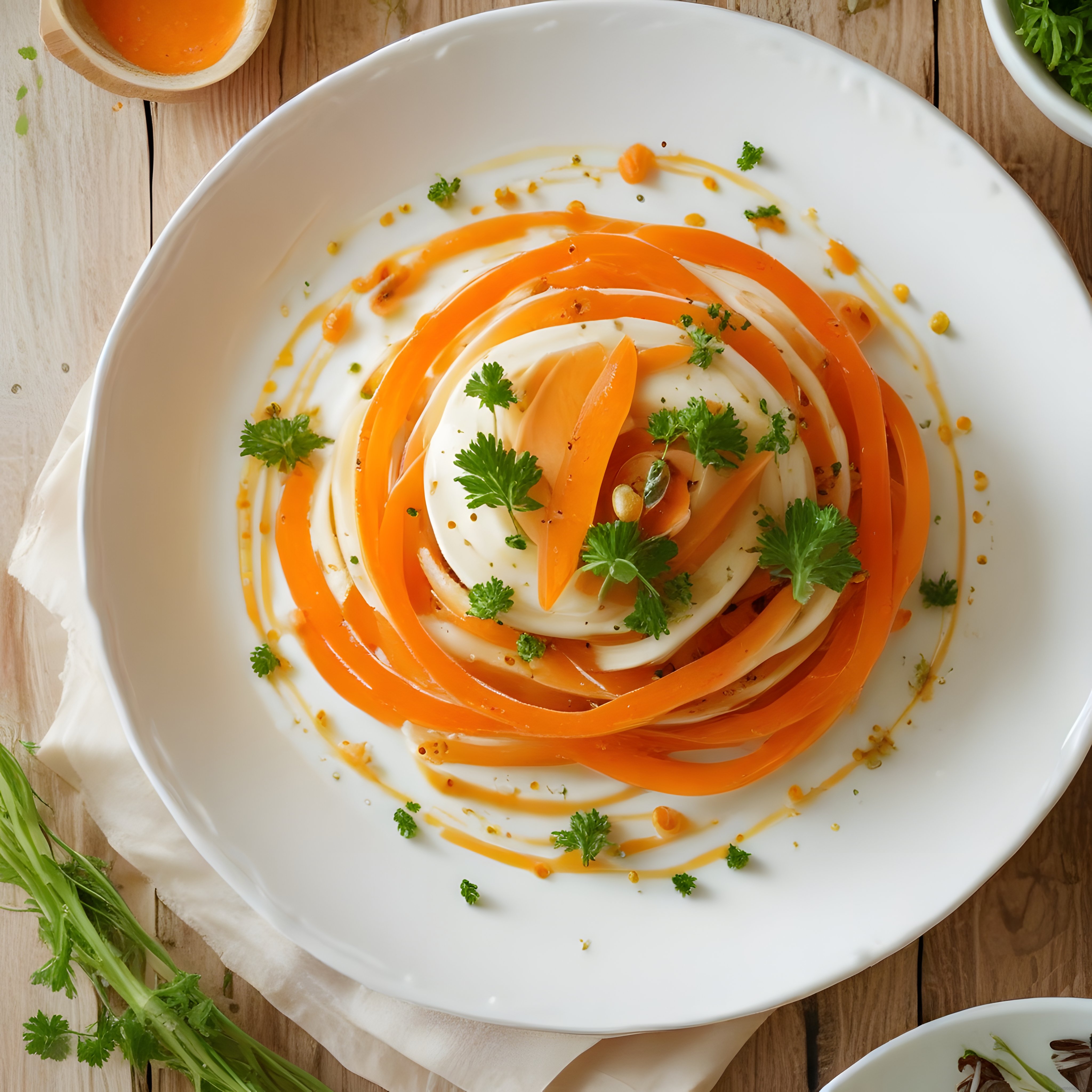Rustik Ahşap Masa Üzerinde Peynirli ve Fıstıklı Havuç Carpaccio Sunumu