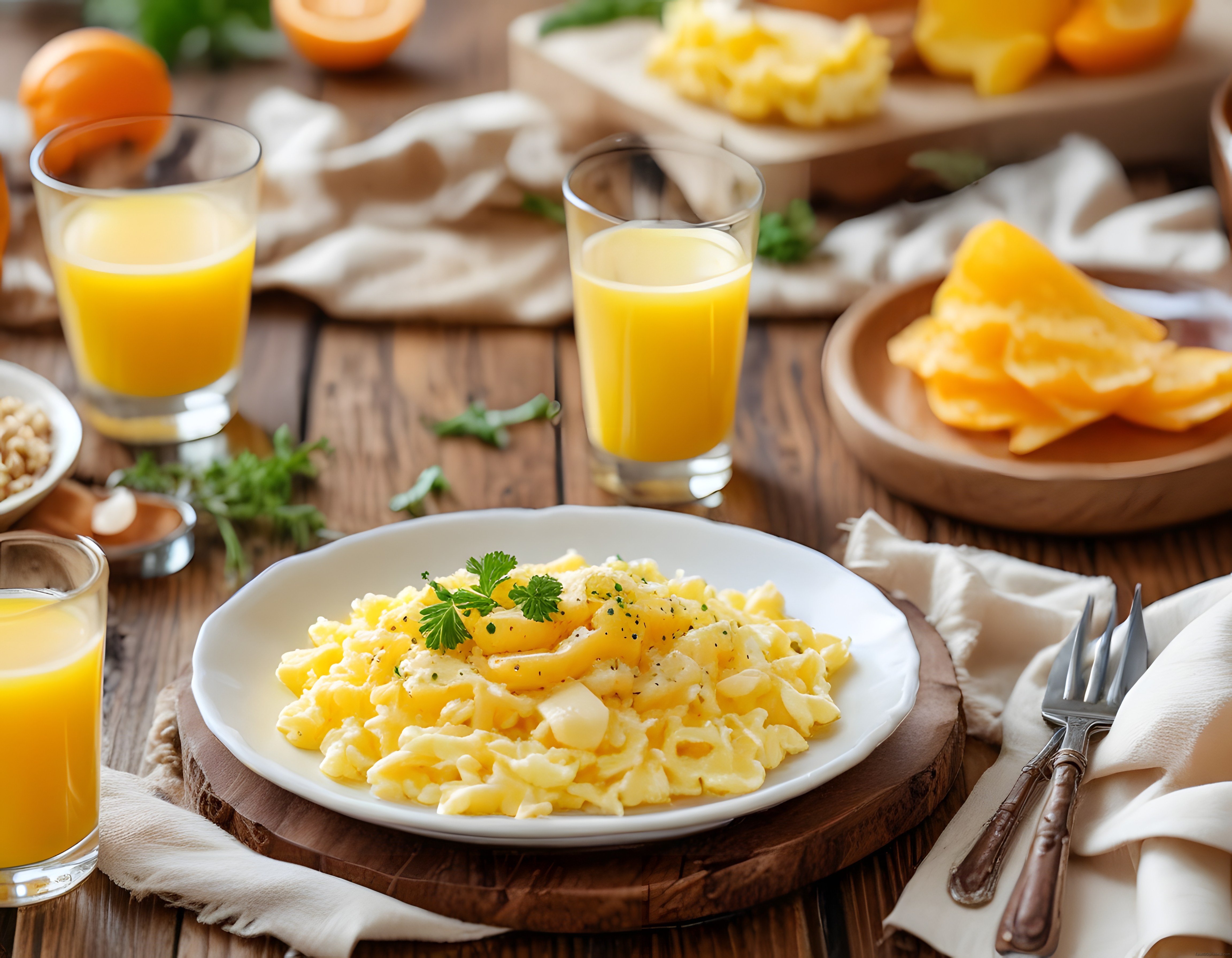 Rustik Ahşap Masa Üzerinde Portakal Suyu ve Peynirli Omlet Kahvaltısı