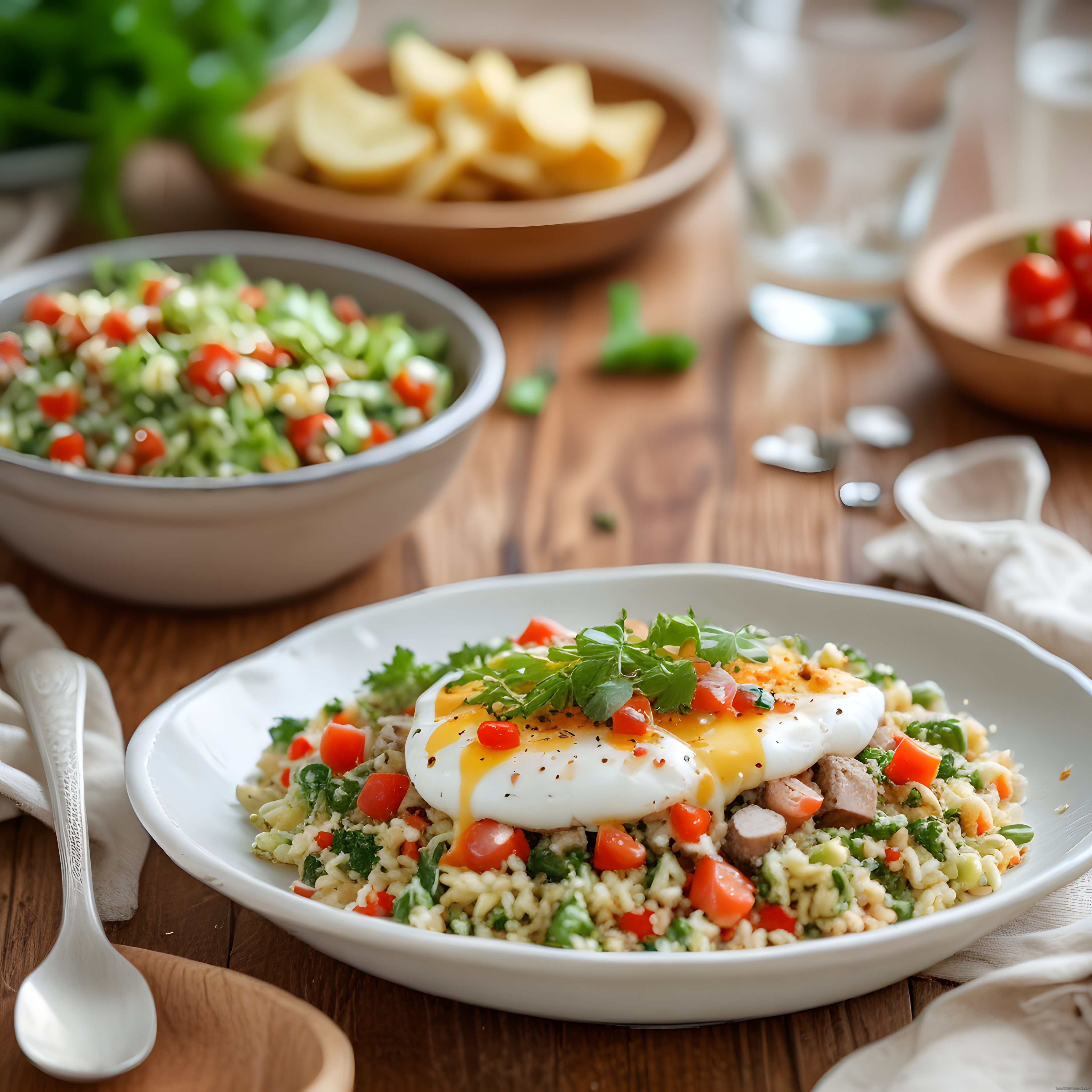 Rustik Ahşap Masa Üzerinde Poşe Yumurtalı Sebzeli Pirinç Kasesi ve Salata