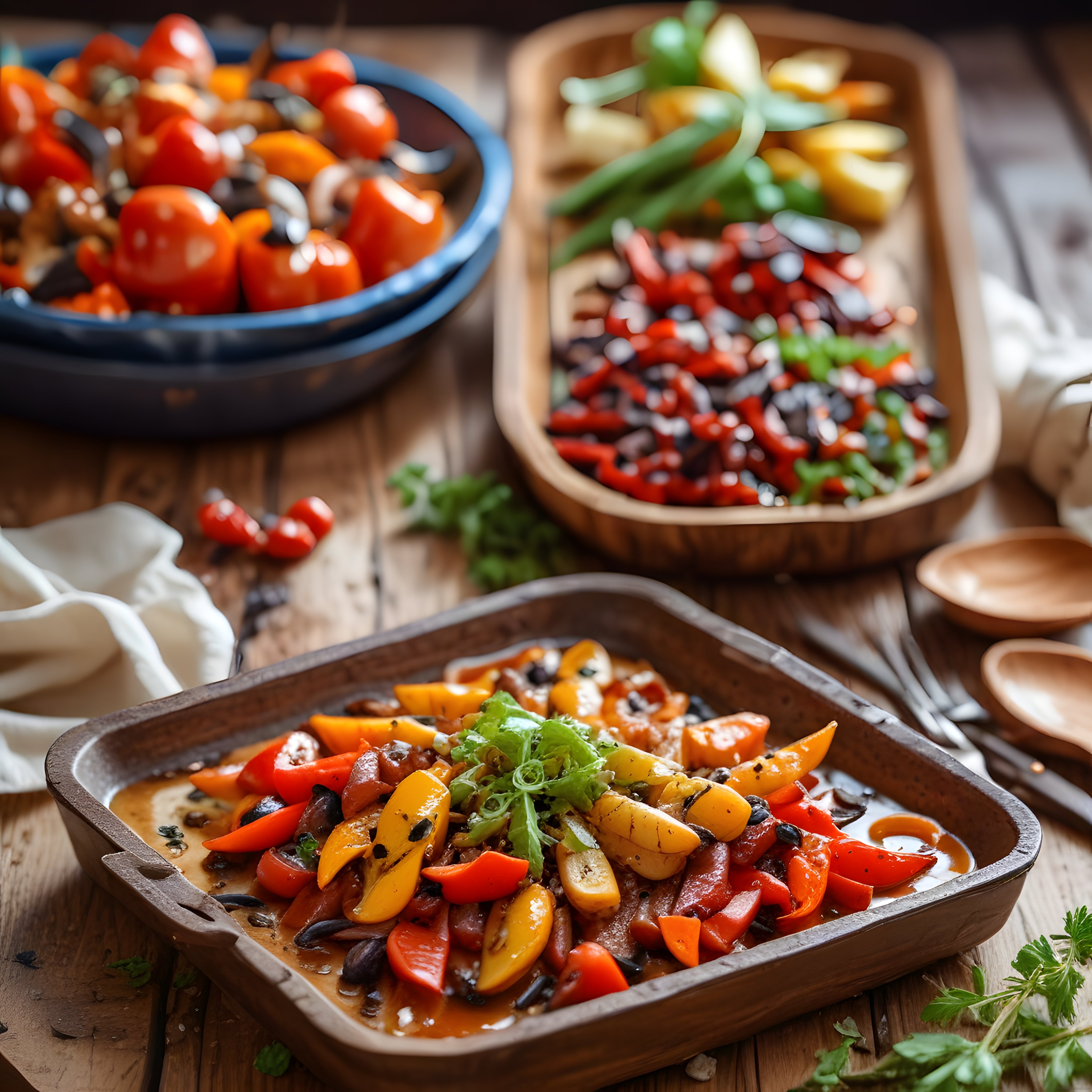 Rustik Ahşap Masa Üzerinde Renkli Közlenmiş Sebze ve Meze Sunumları