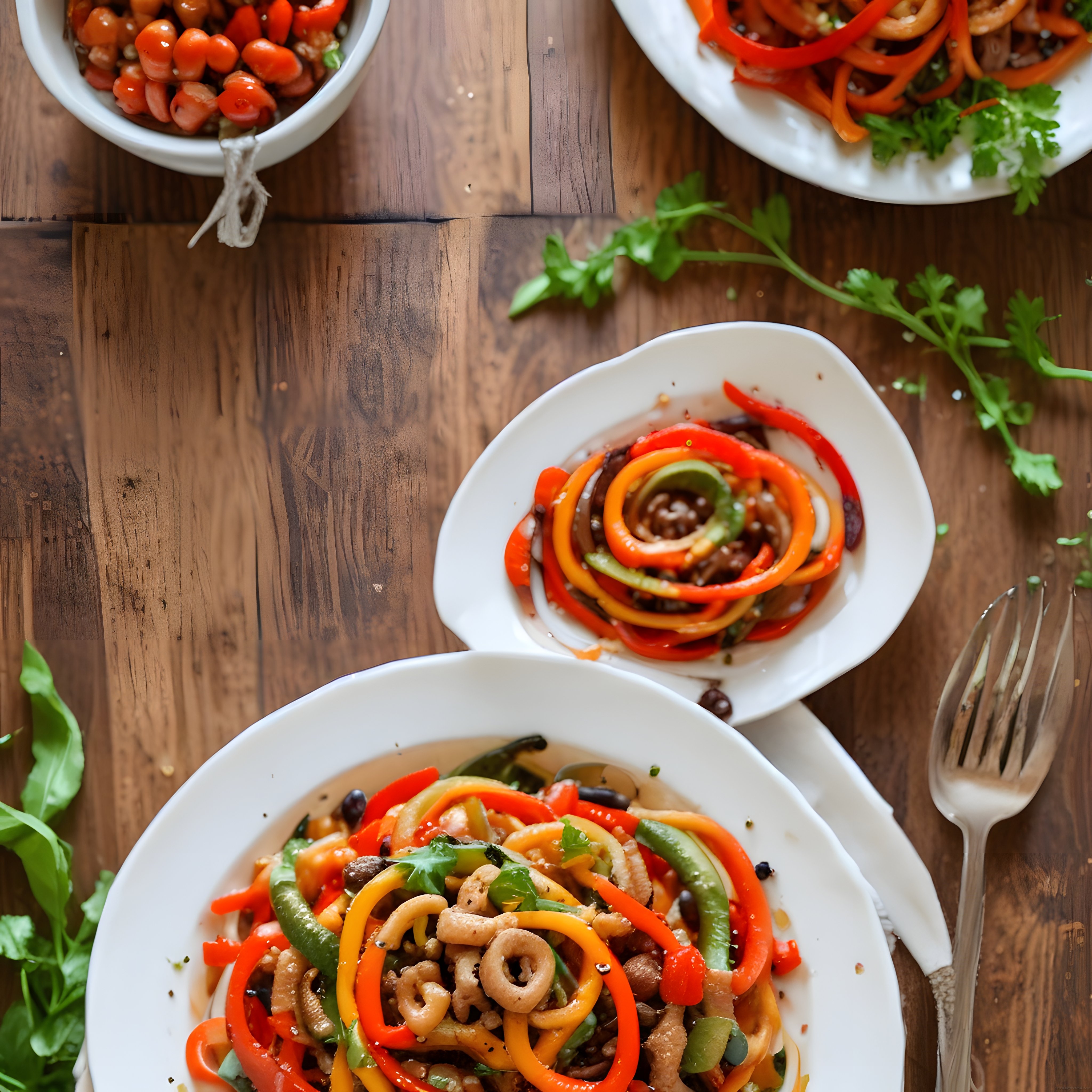Rustik Ahşap Masa Üzerinde Renkli Sebzeli Noodle ve Bakliyat Salatası