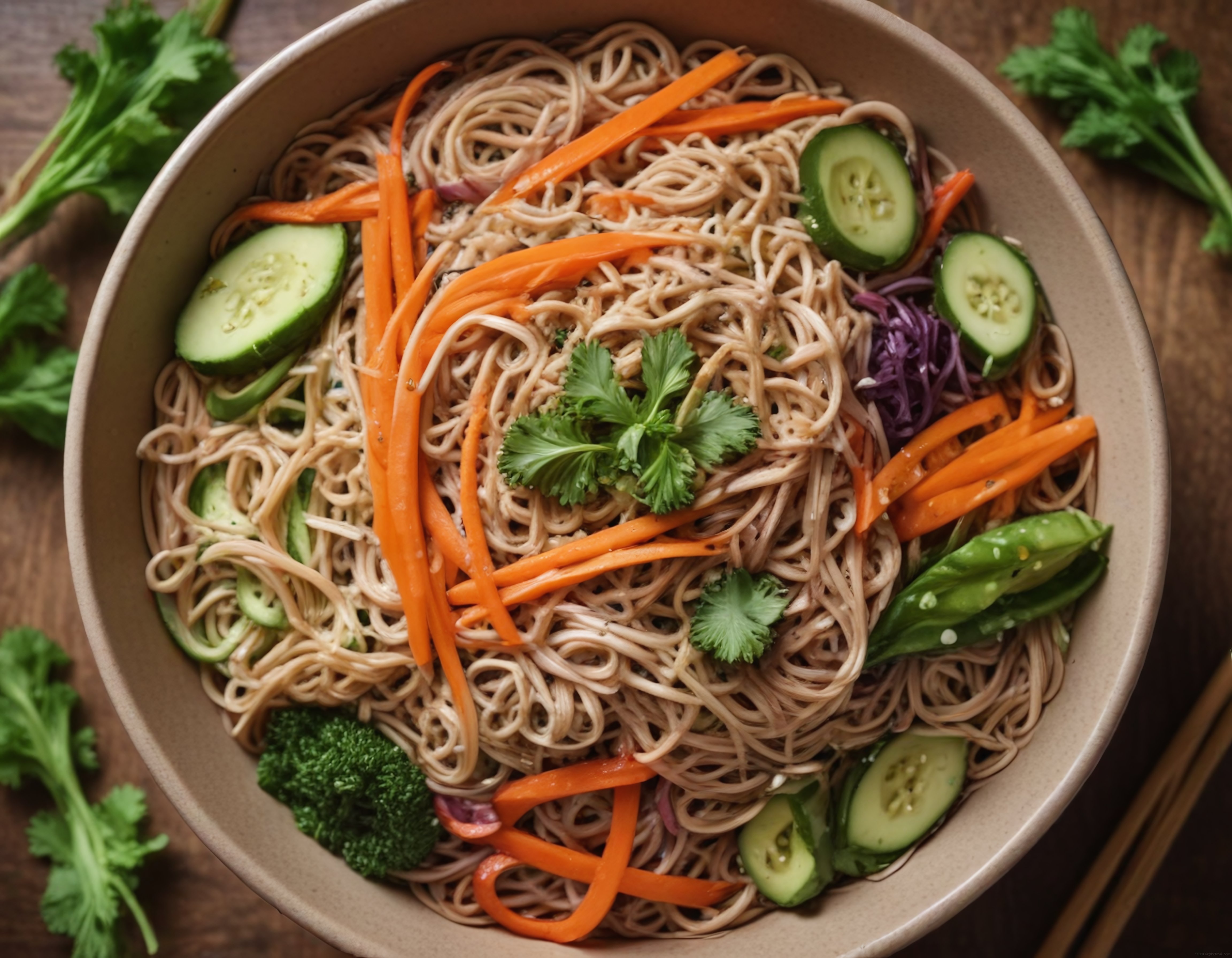 Rustik Ahşap Masa Üzerinde Renkli Sebzeli Soba Erişte Salatası Sunumu