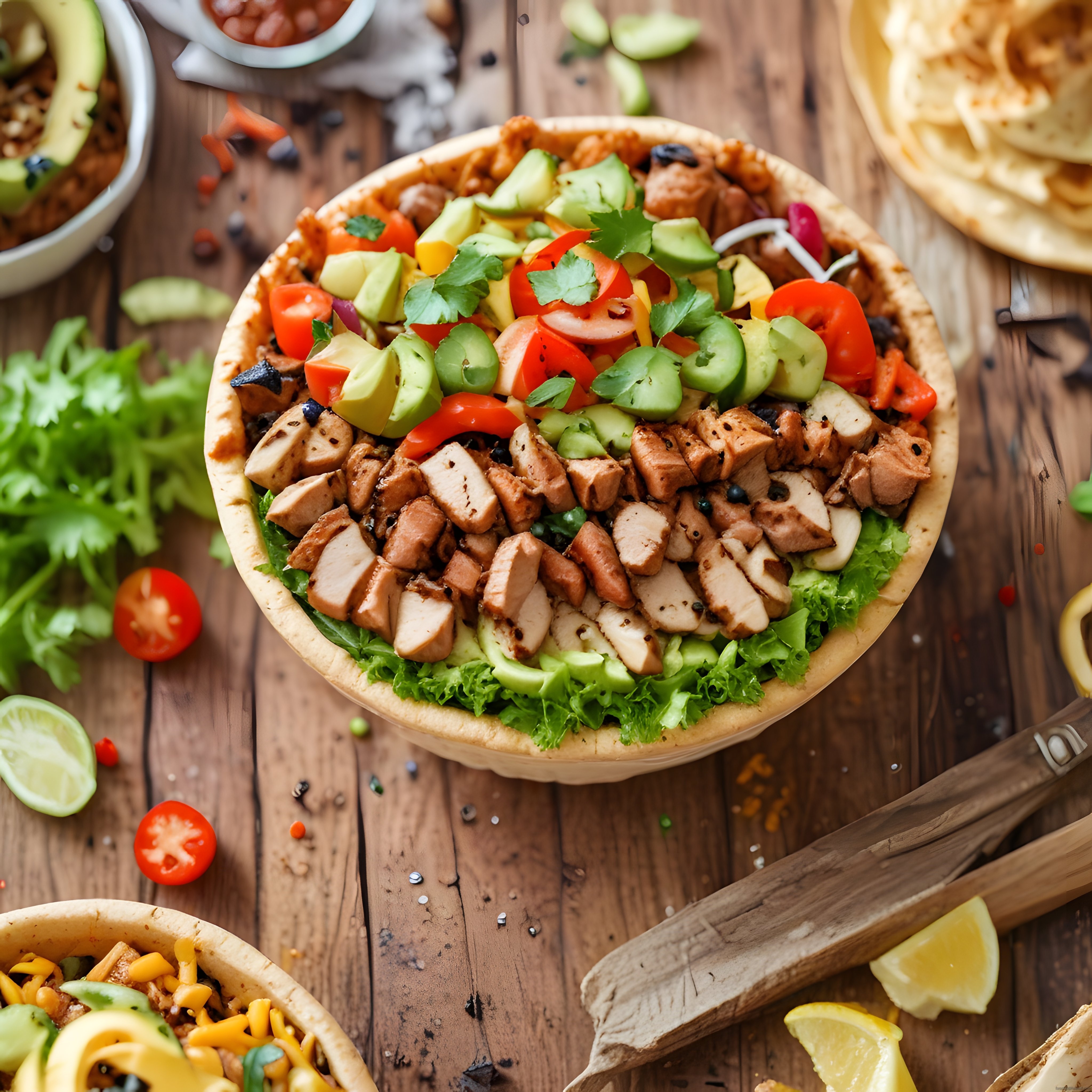 Rustik Ahşap Masa Üzerinde Sağlıklı Tavuklu Avokado Salata Kasesi