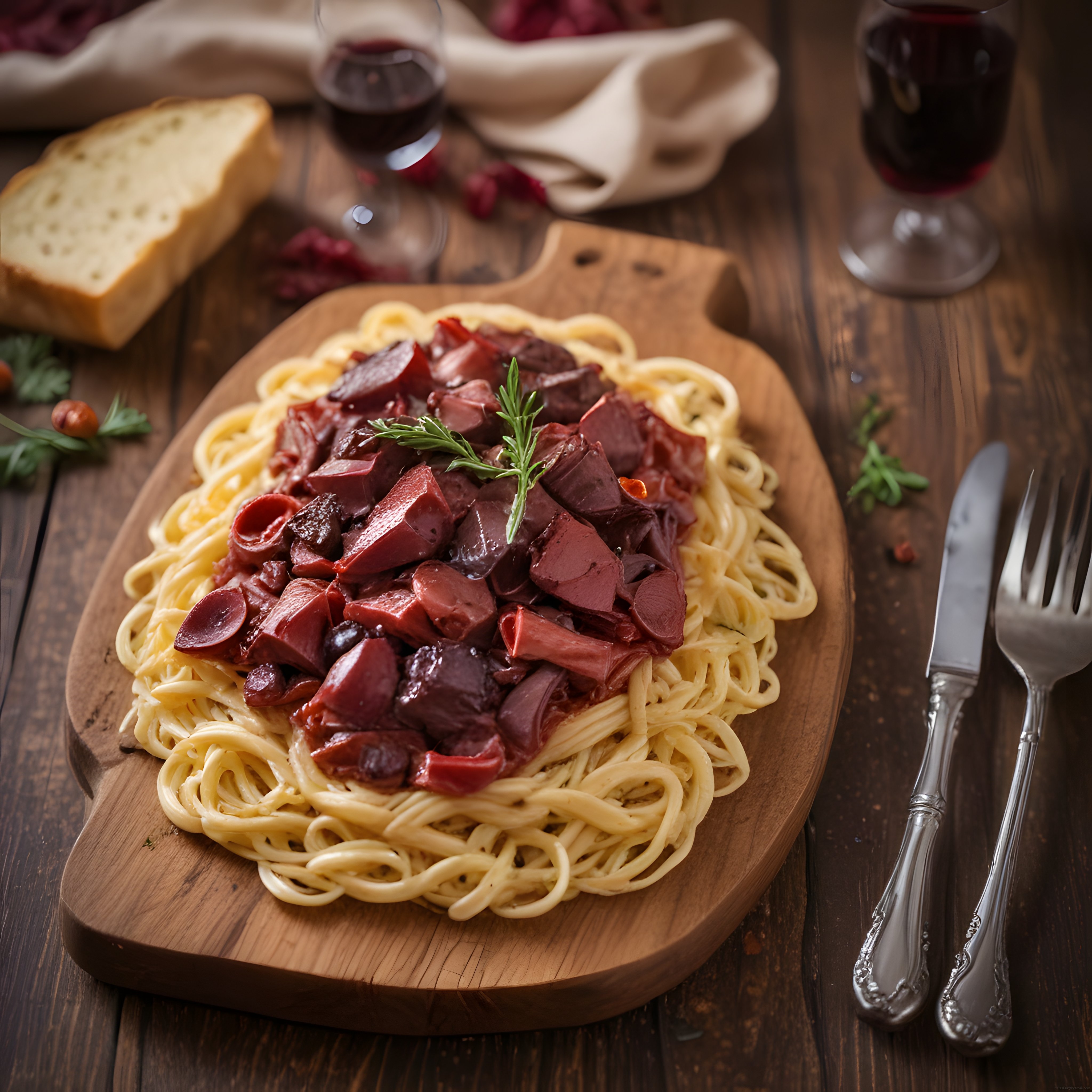 Rustik Ahşap Masa Üzerinde Şarap Eşliğinde Etli Spagetti Sunumu