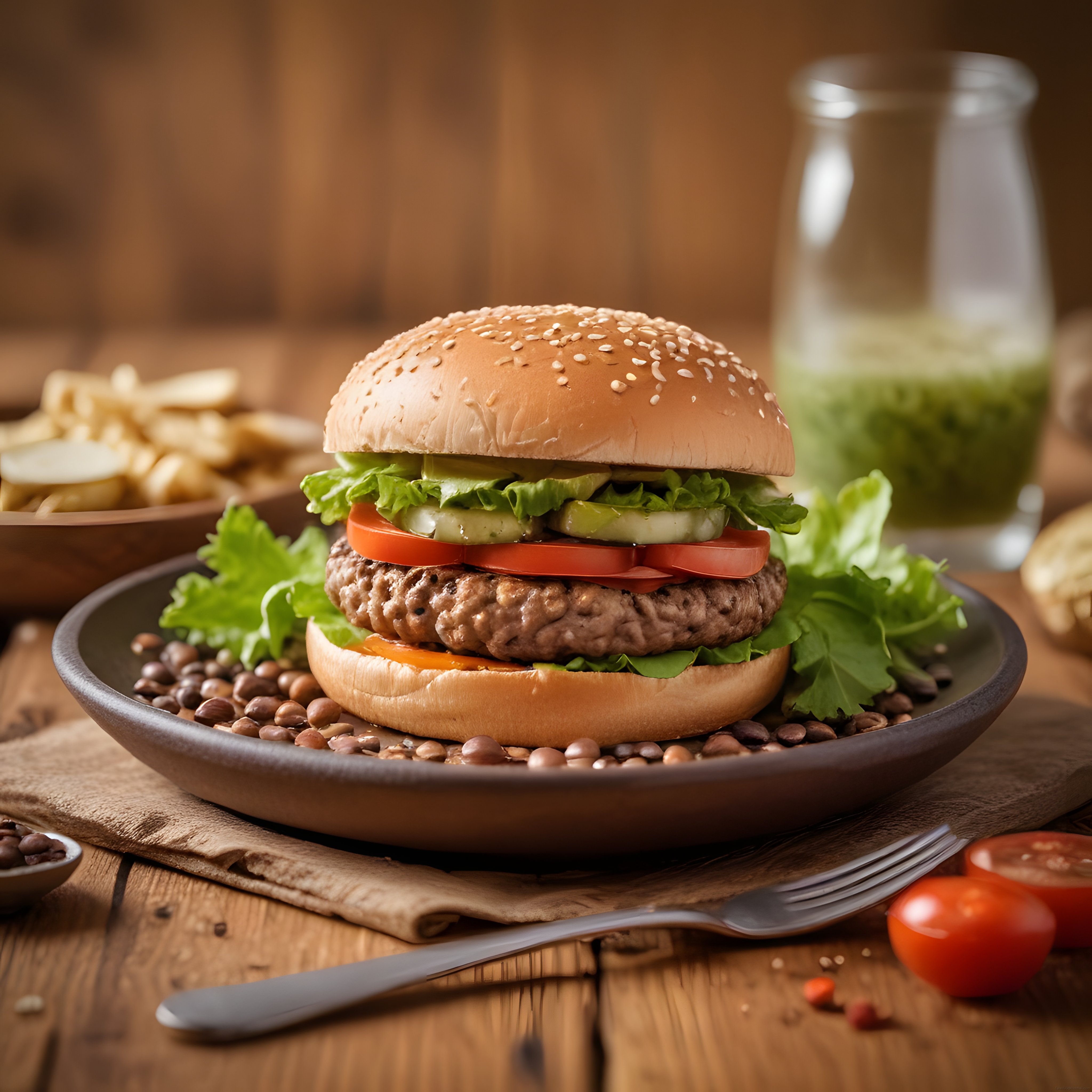 Rustik Ahşap Masa Üzerinde Siyah Tabakta Lezzetli Hamburger Menüsü
