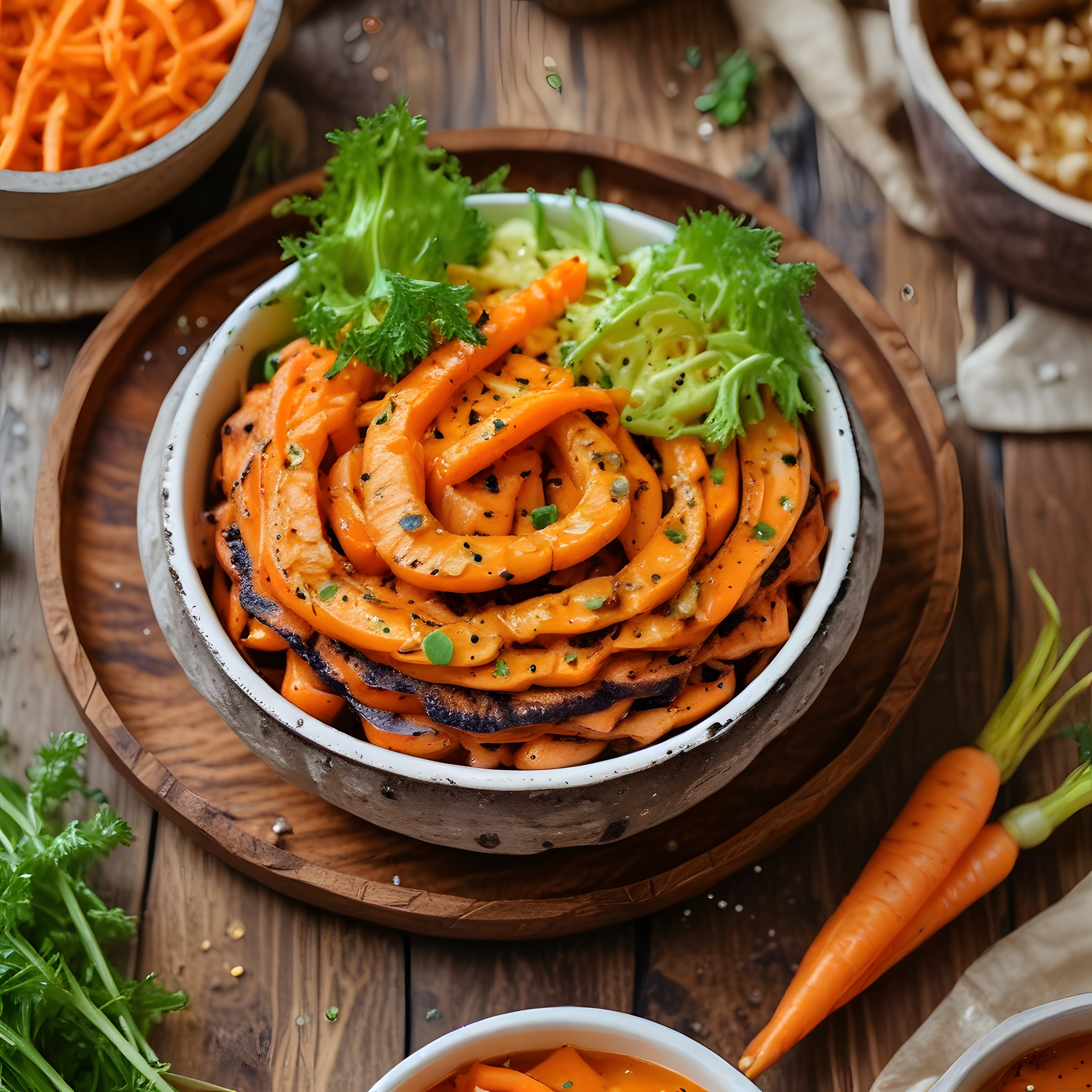 Rustik Ahşap Masa Üzerinde Spiral Havuçlu Avokadolu Vegan Kase