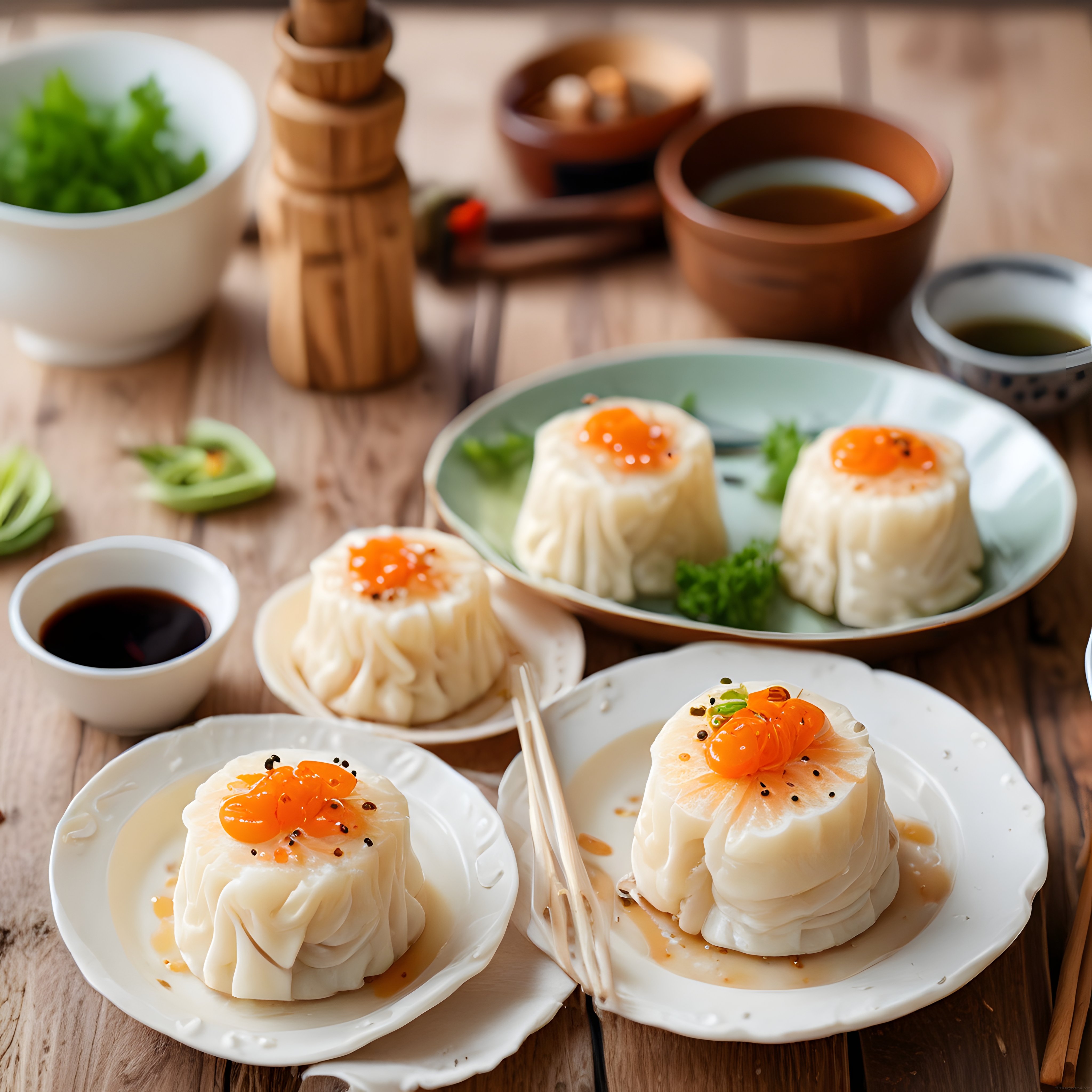Rustik ahşap masa üzerinde sunulan geleneksel dim sum mantıları ve soya sosu