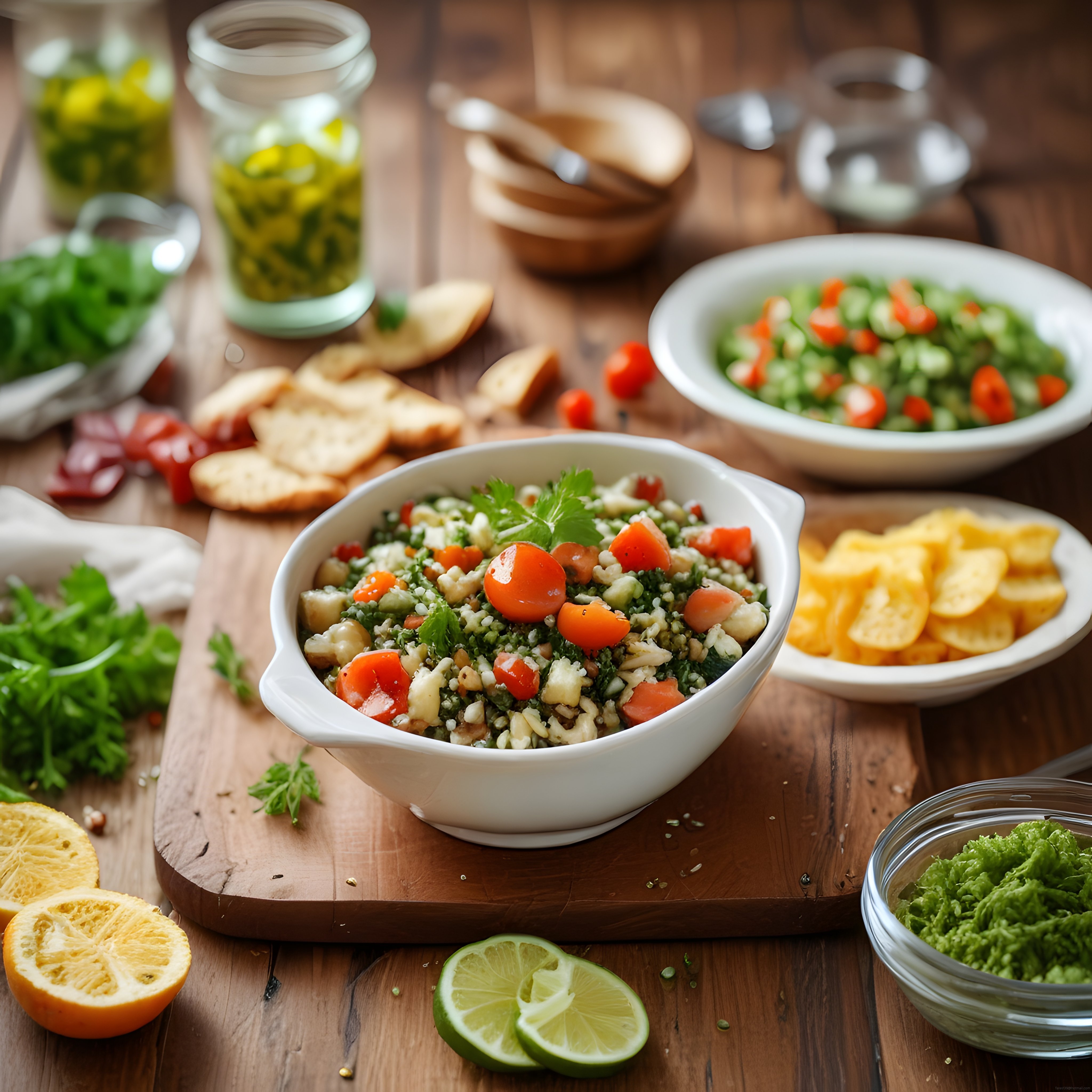Rustik Ahşap Masa Üzerinde Taze Bulgur Salatası ve Sağlıklı Atıştırmalıklar