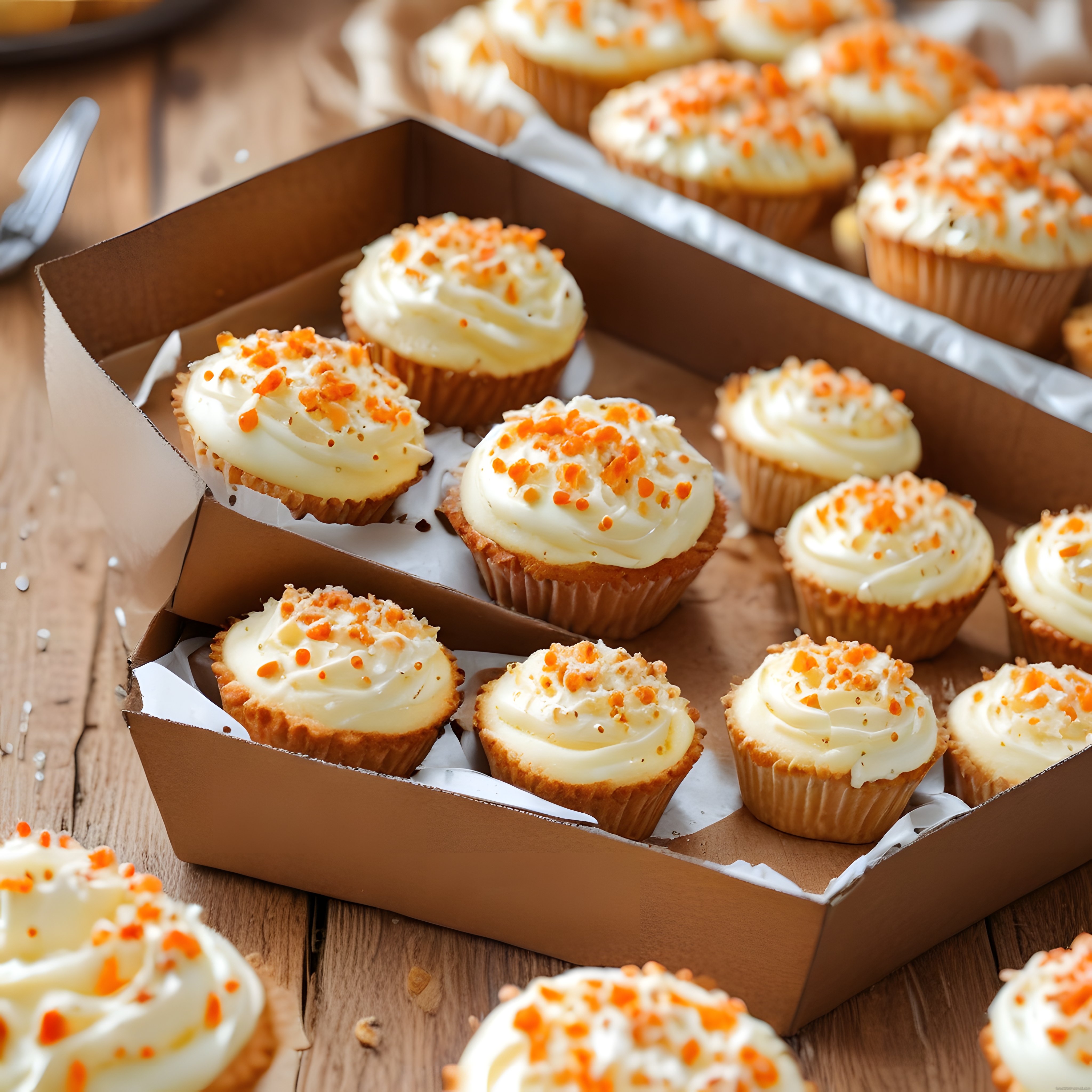 Rustik Ahşap Masa Üzerinde Taze Kremalı Havuçlu Cupcake Sunumu