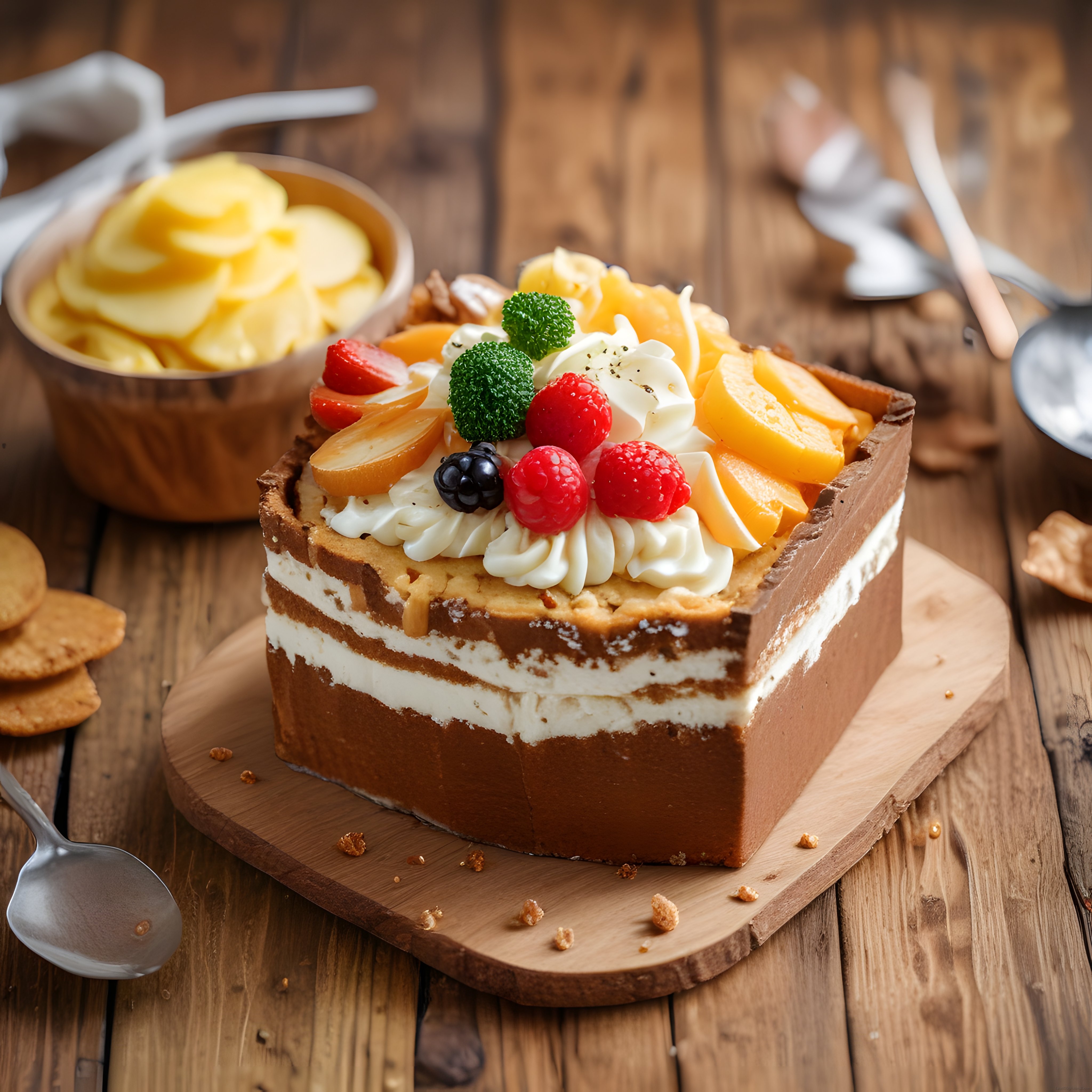 Rustik Ahşap Masa Üzerinde Taze Meyvelerle Süslenmiş Kremalı Katlı Pasta