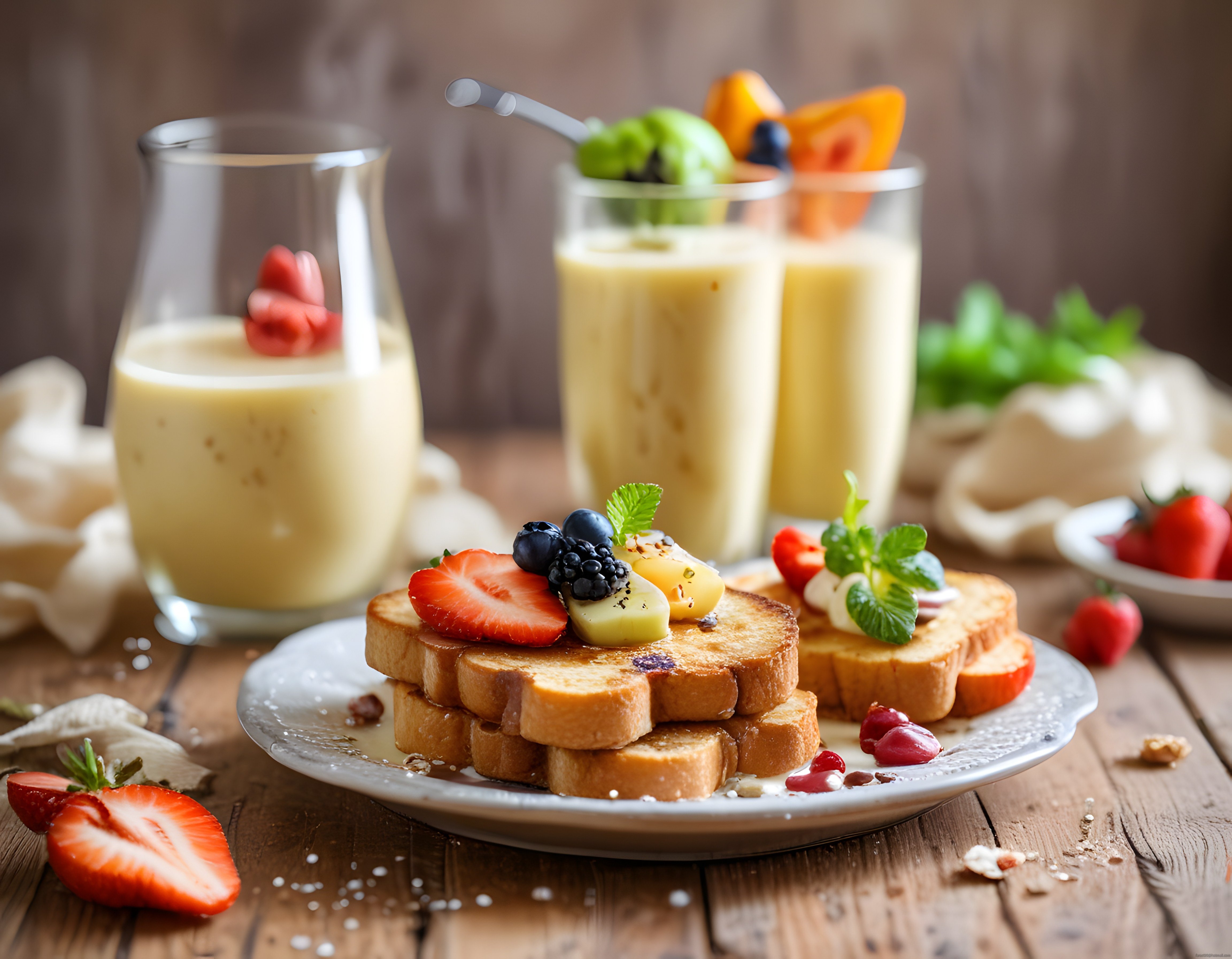 rustik ahşap masa üzerinde taze meyveli fransız tostu ve smoothie kahvaltısı