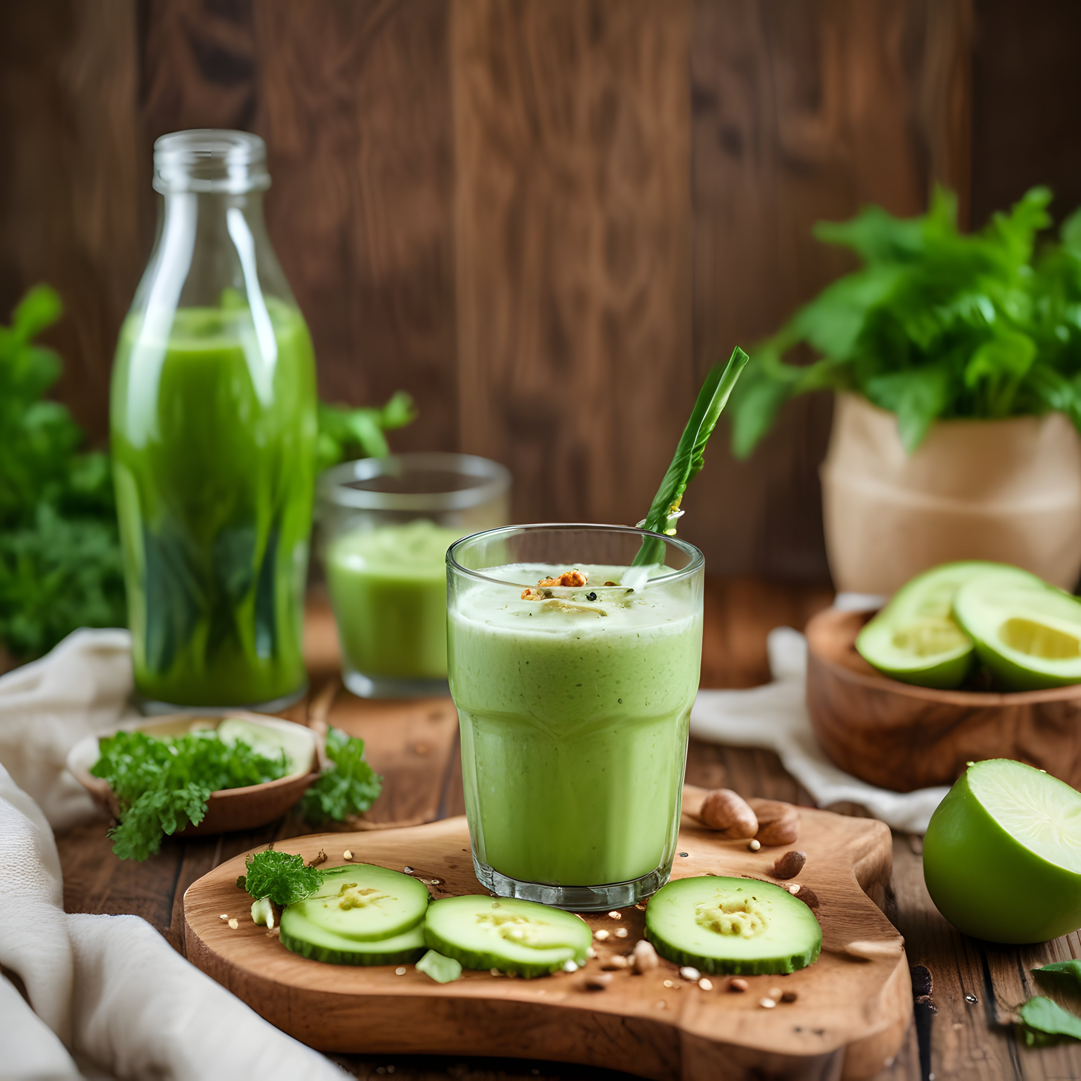 Rustik Ahşap Masa Üzerinde Taze Yeşil Smoothie ve Sağlıklı Besinler