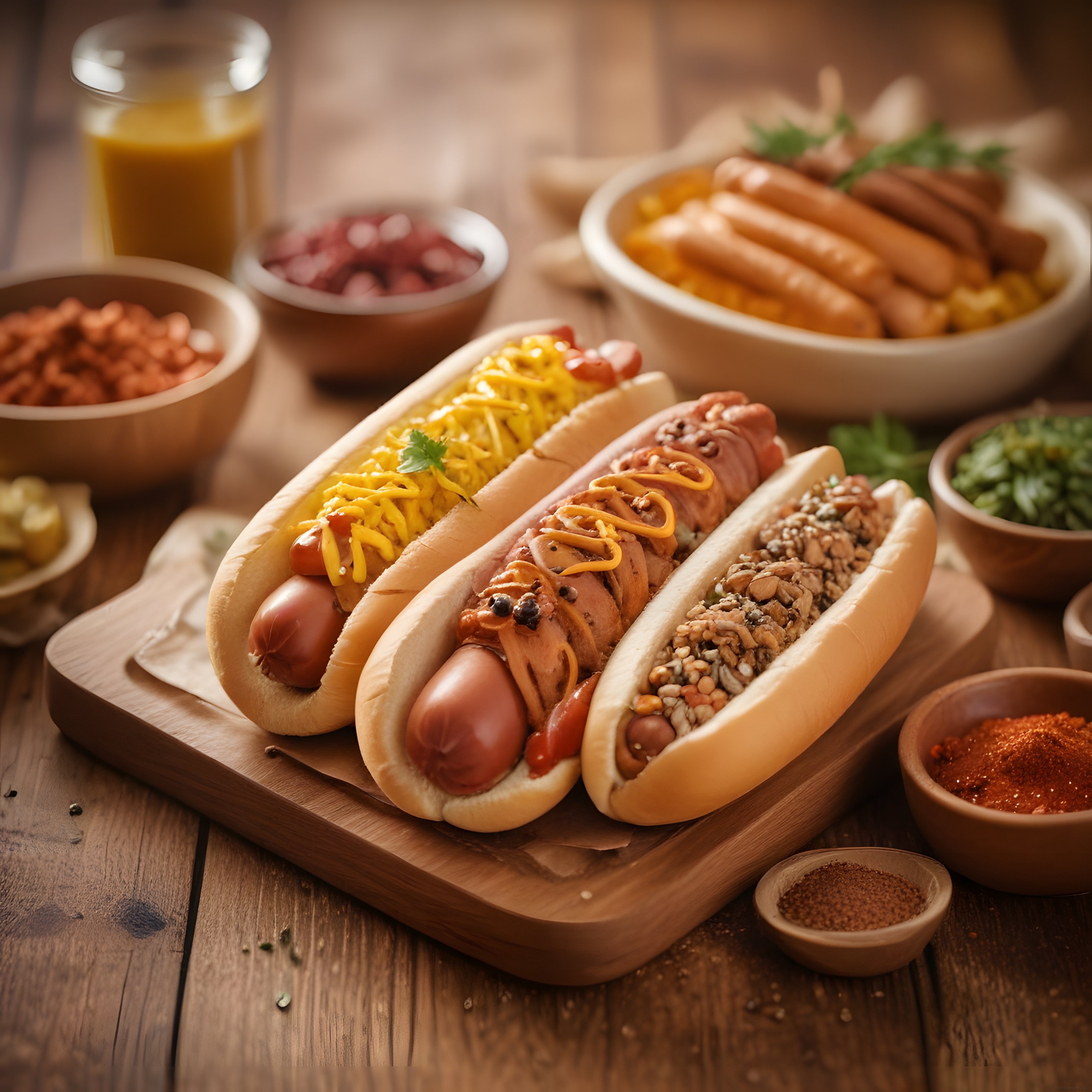 Rustik Ahşap Masa Üzerinde Üç Farklı Soslu Gourmet Hot Dog ve Baharatlar