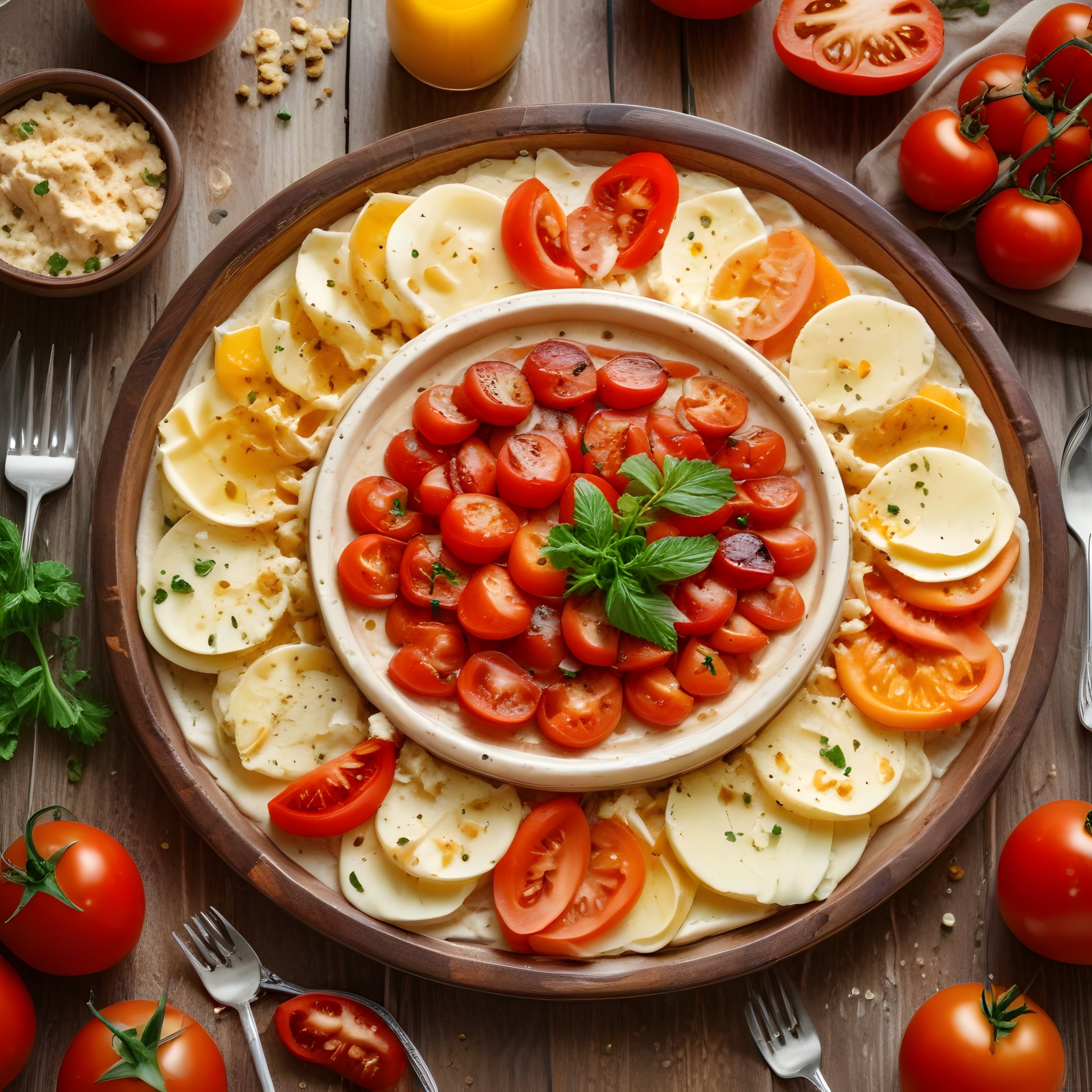 Rustik Ahşap Masa Üzerinde Zengin Peynir ve Domatesli Kahvaltı Sunumu