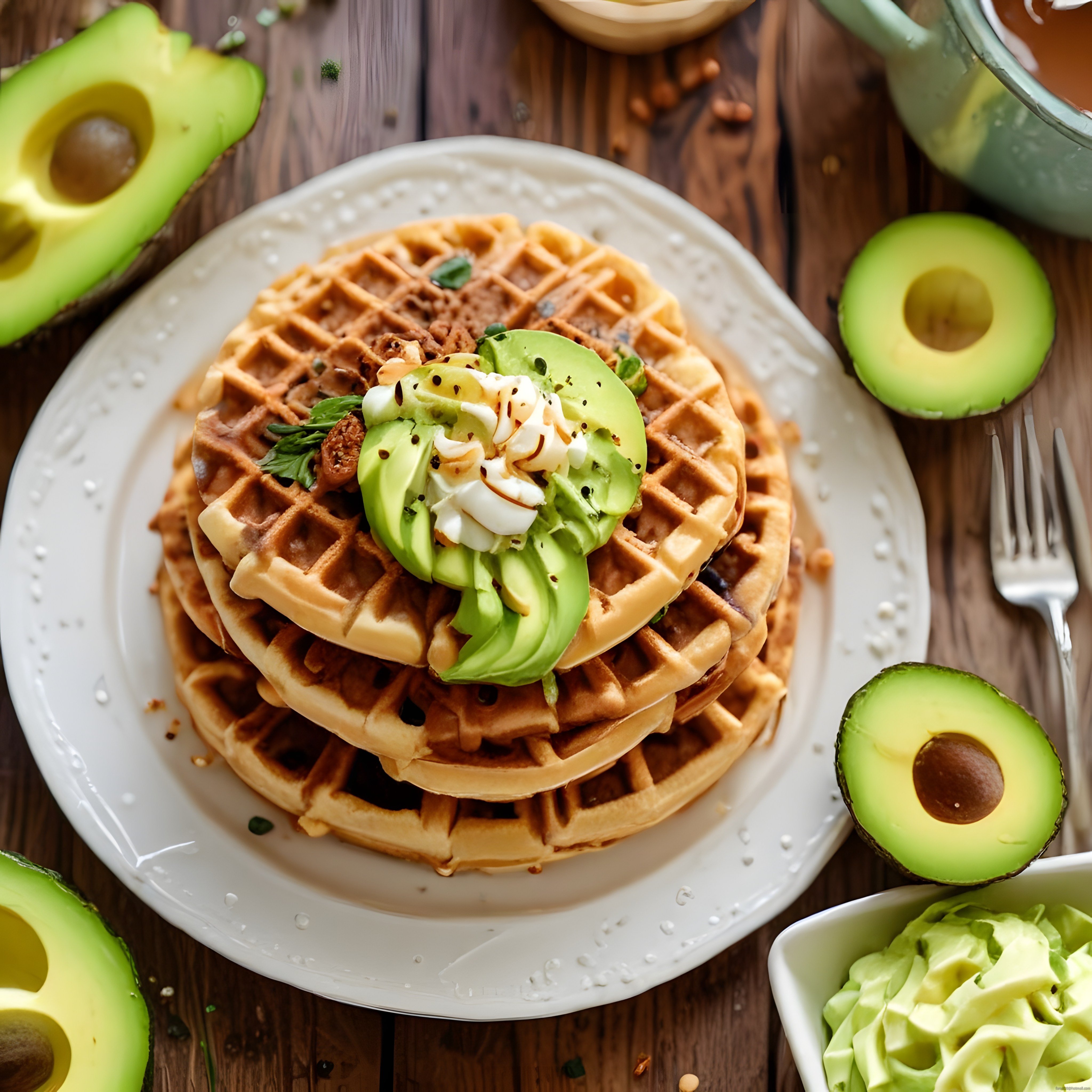 Rustik Ahşap Masada Avokado ve Waffle ile Egzotik Kahvaltı Sunumu