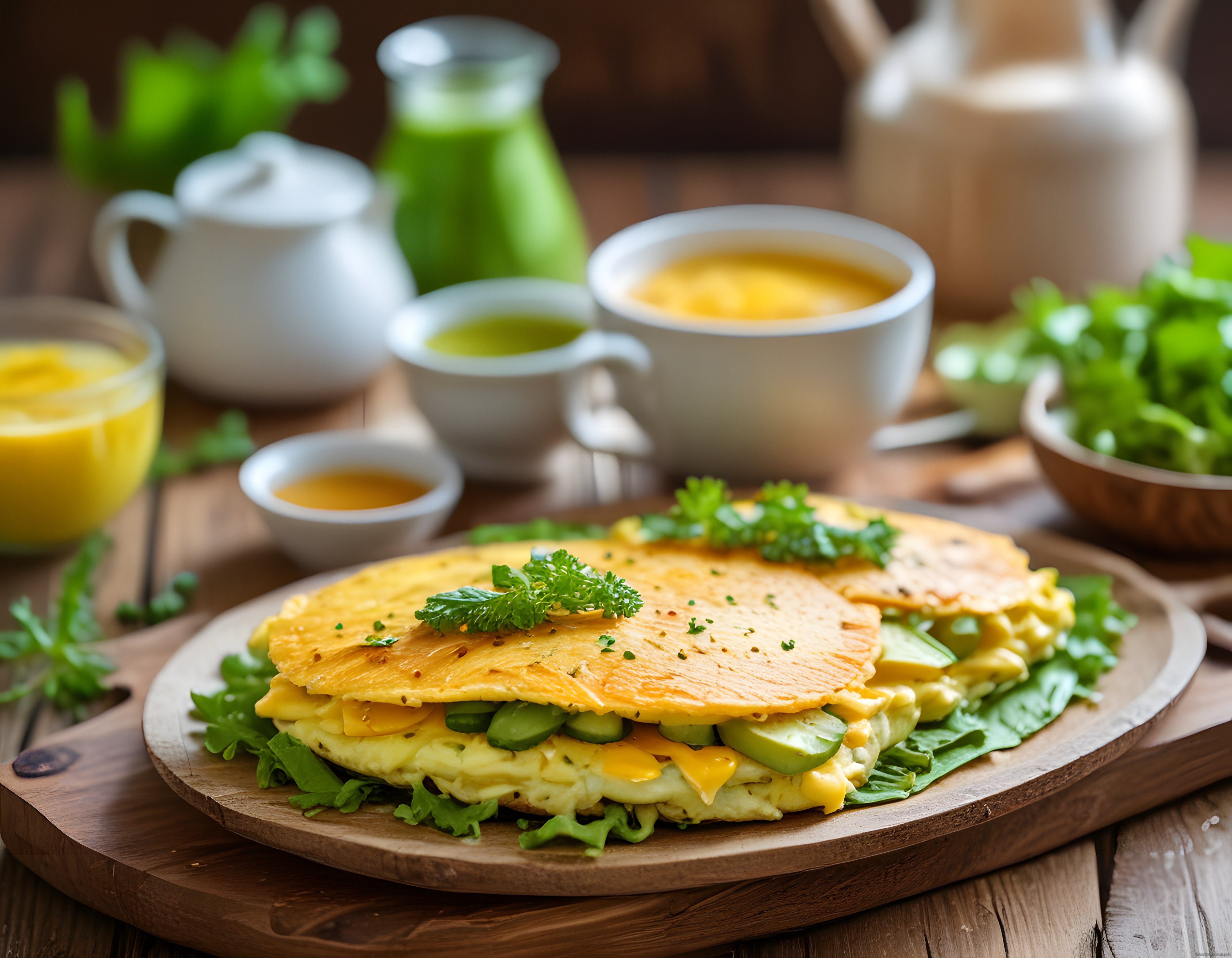 Rustik Ahşap Masada Avokadolu Omletli Kahvaltı Tacosu ve Yeşil Smoothie