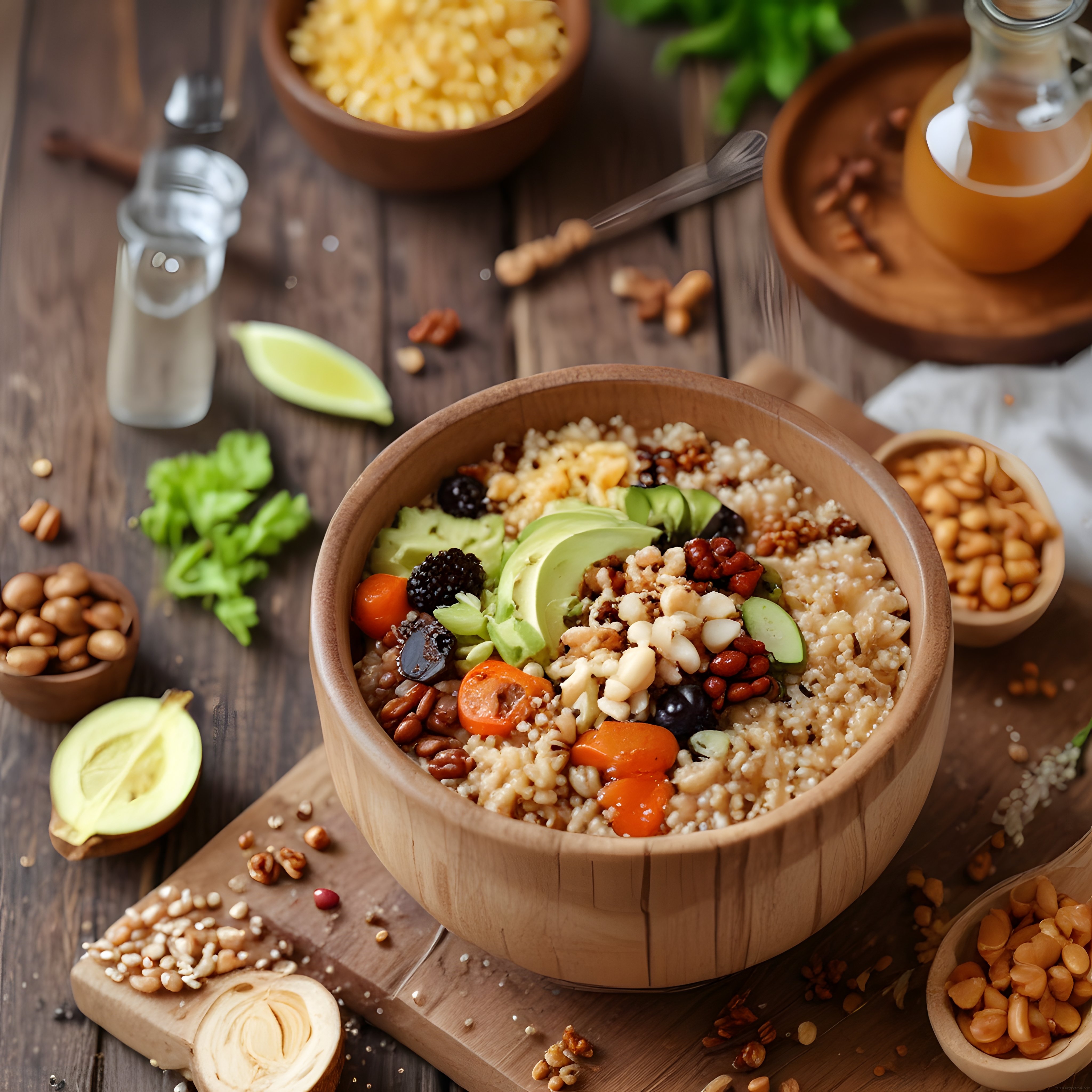 Rustik Ahşap Masada Avokadolu ve Kinoalı Sağlıklı Buddha Bowl Kasesi