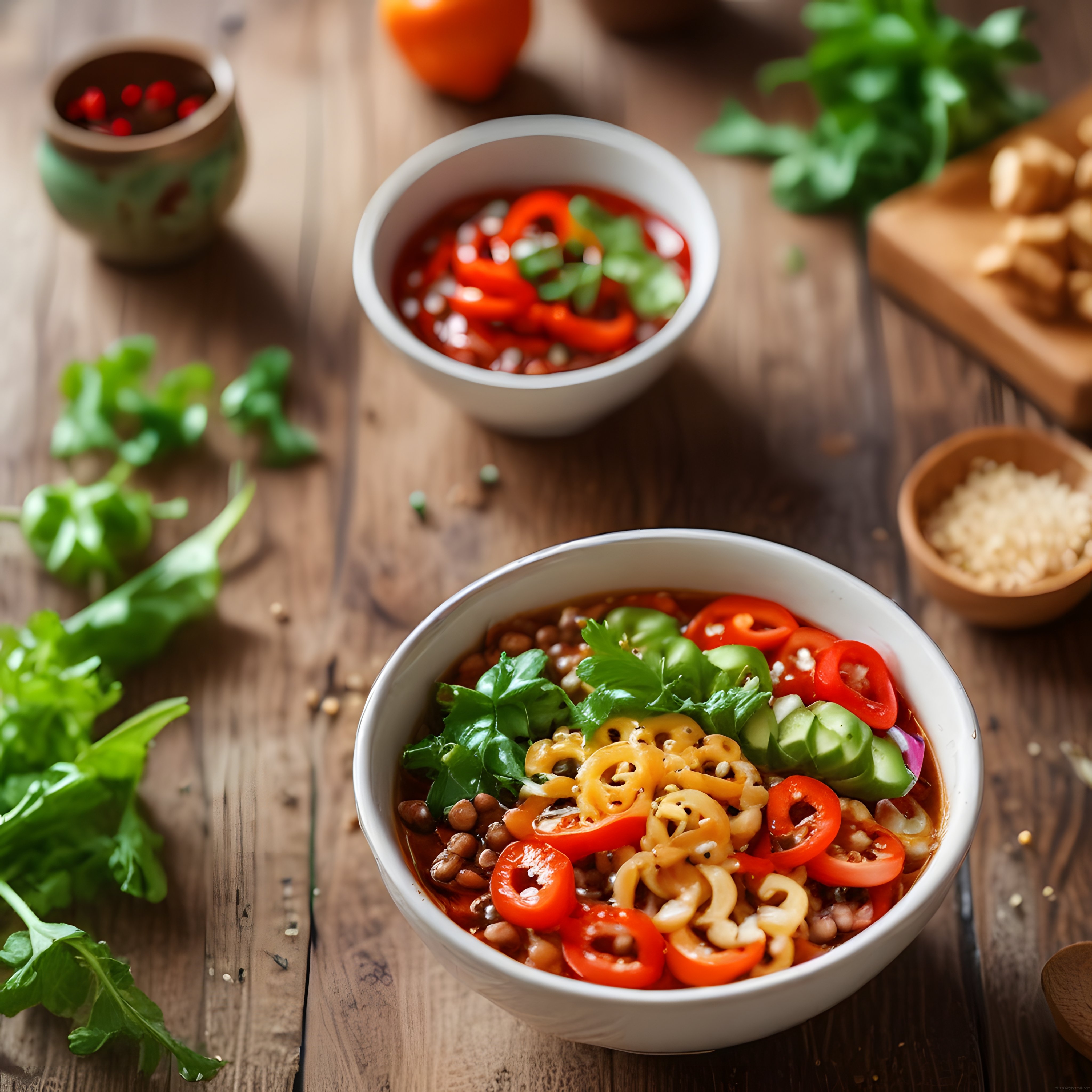 Rustik Ahşap Masada Baharatlı Asya Noodle Çorbası ve Taze Yeşillikler