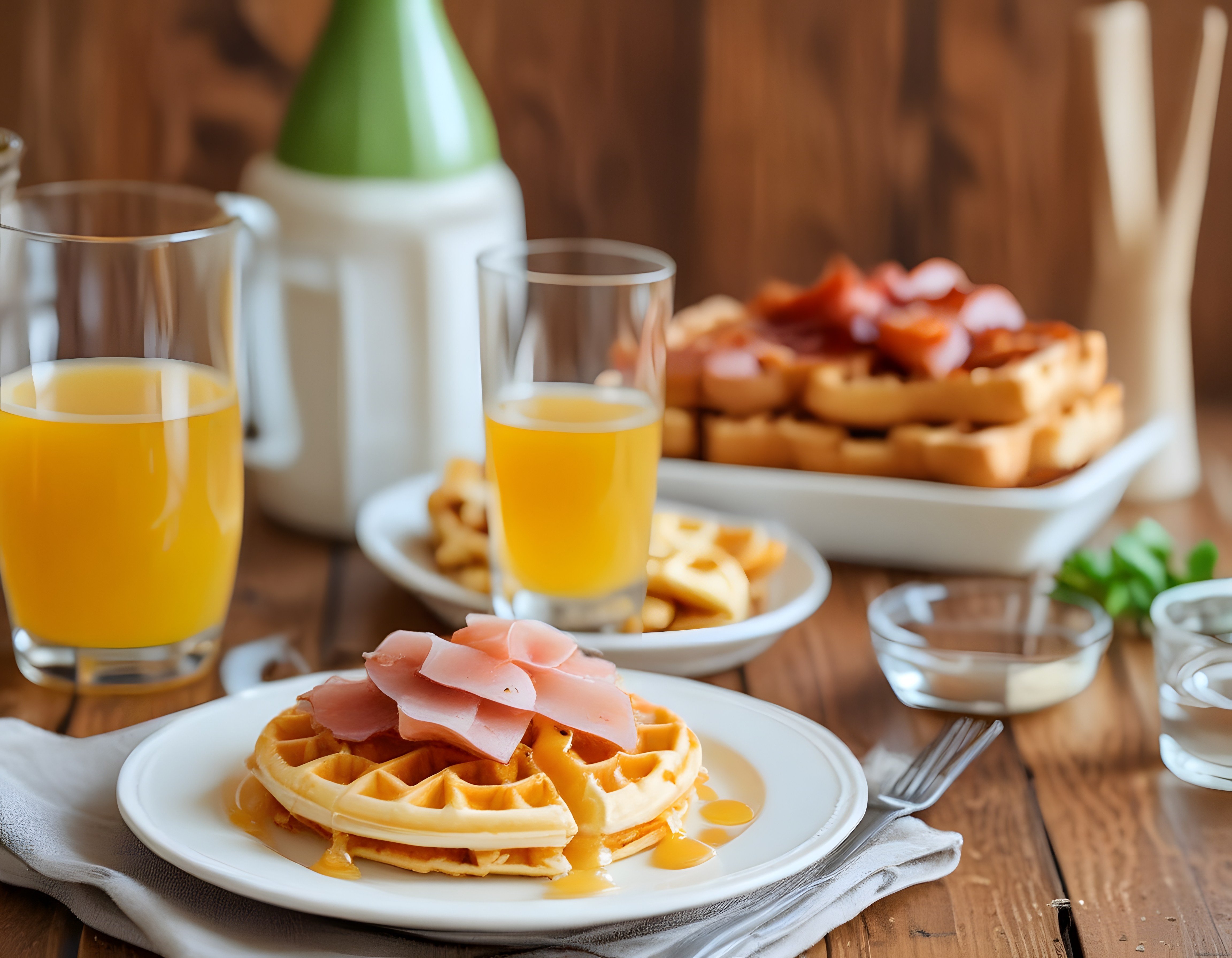 Rustik Ahşap Masada Ballı Jambonlu Waffle ve Portakal Suyu ile Kahvaltı Keyfi