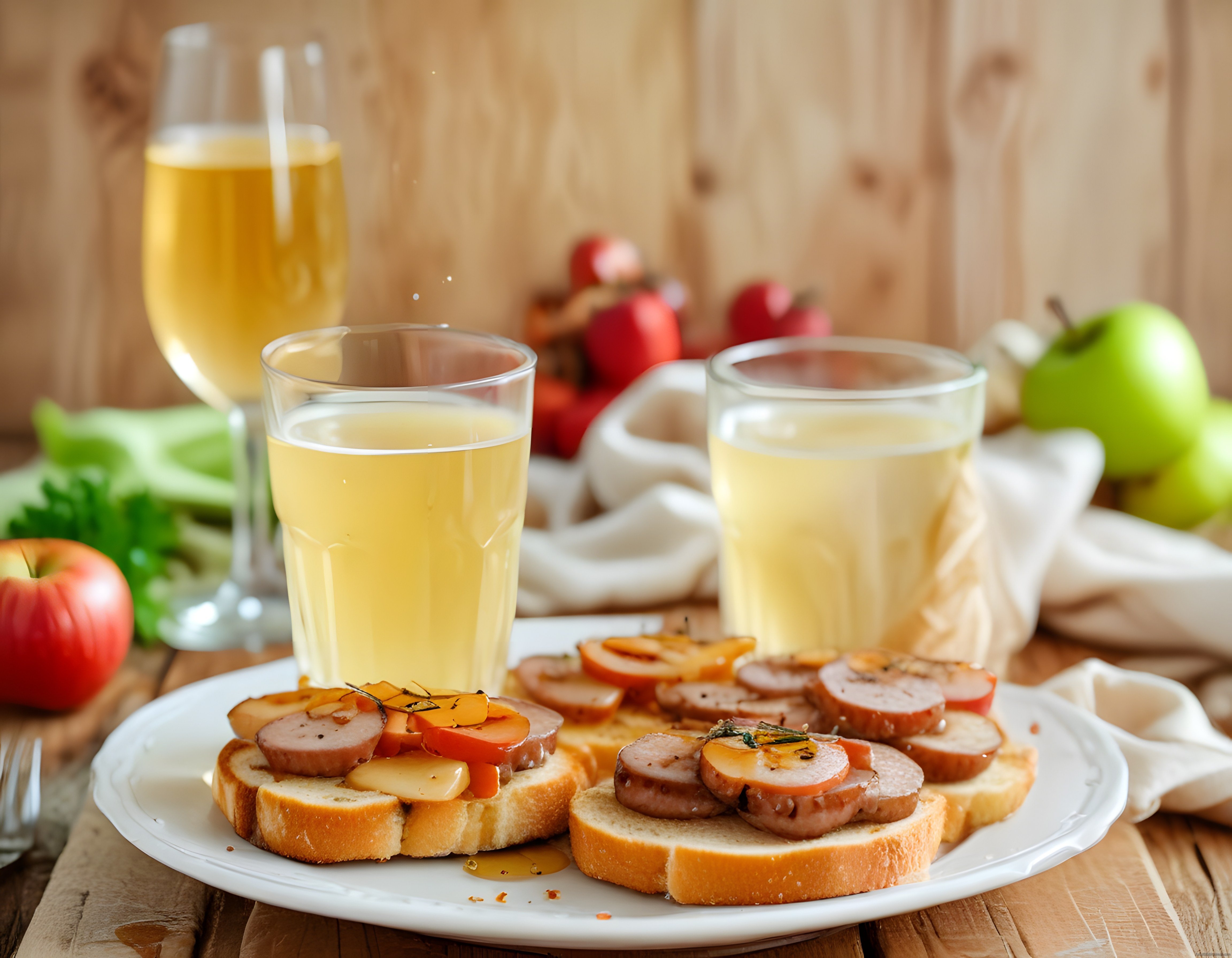Rustik Ahşap Masada Balsamik Soslu Sosis Dilimli Ekmek ve Elma Suyu Kahvaltısı