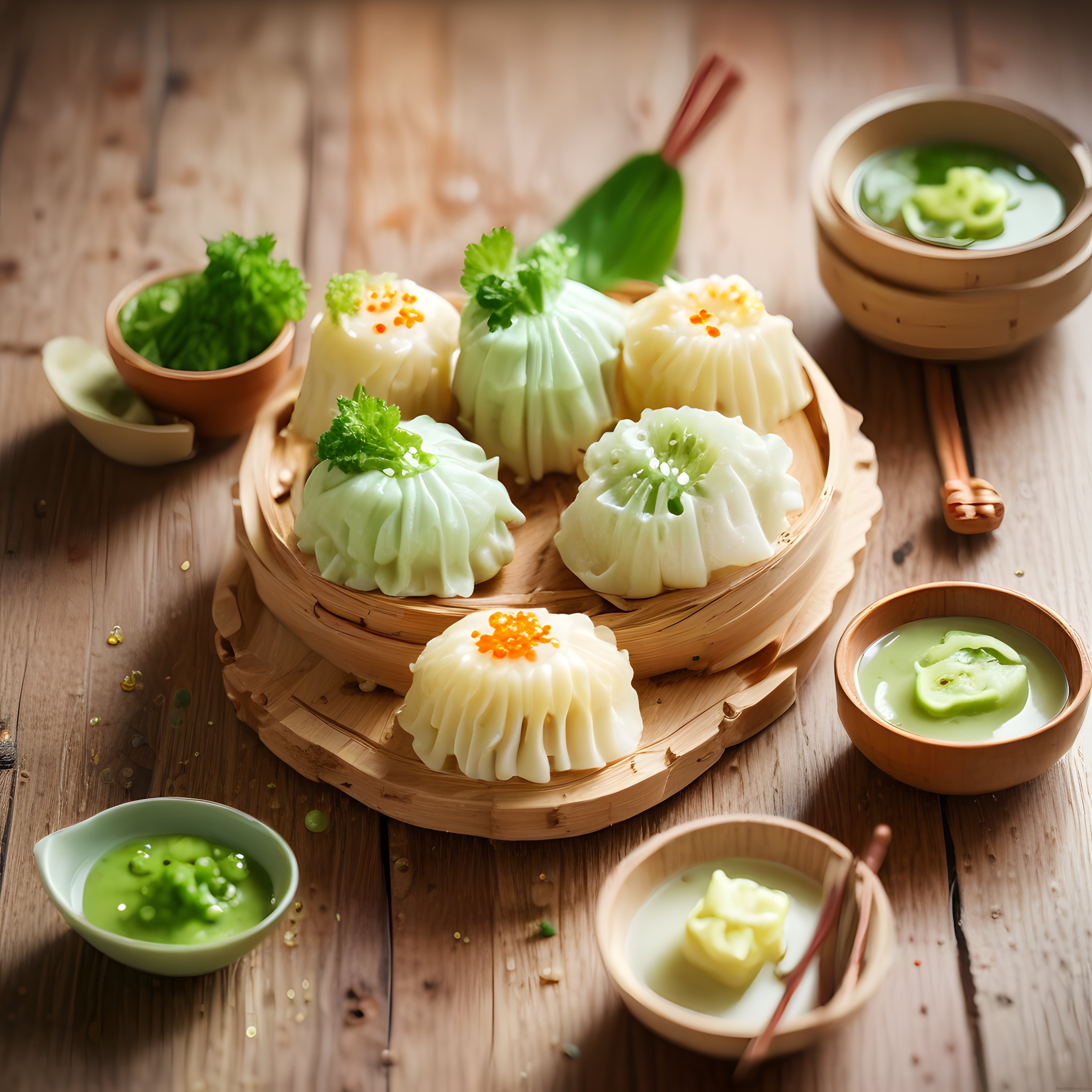Rustik ahşap masada bambu buhar kabında renkli dim sum çeşitleri ve özel soslar