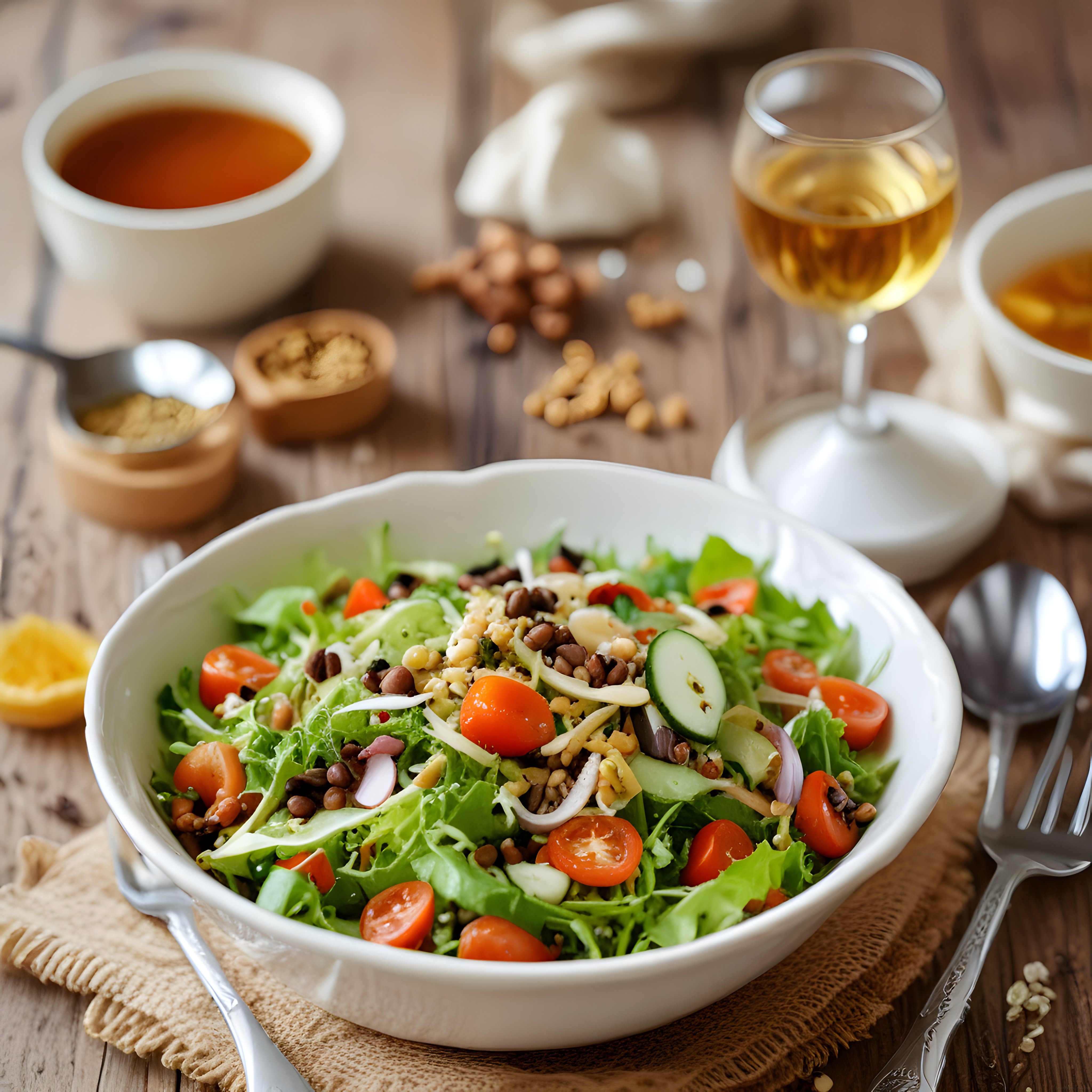 rustik ahşap masada beyaz kasede bakliyatlı tahıllı taze salata ve şarap kadehi