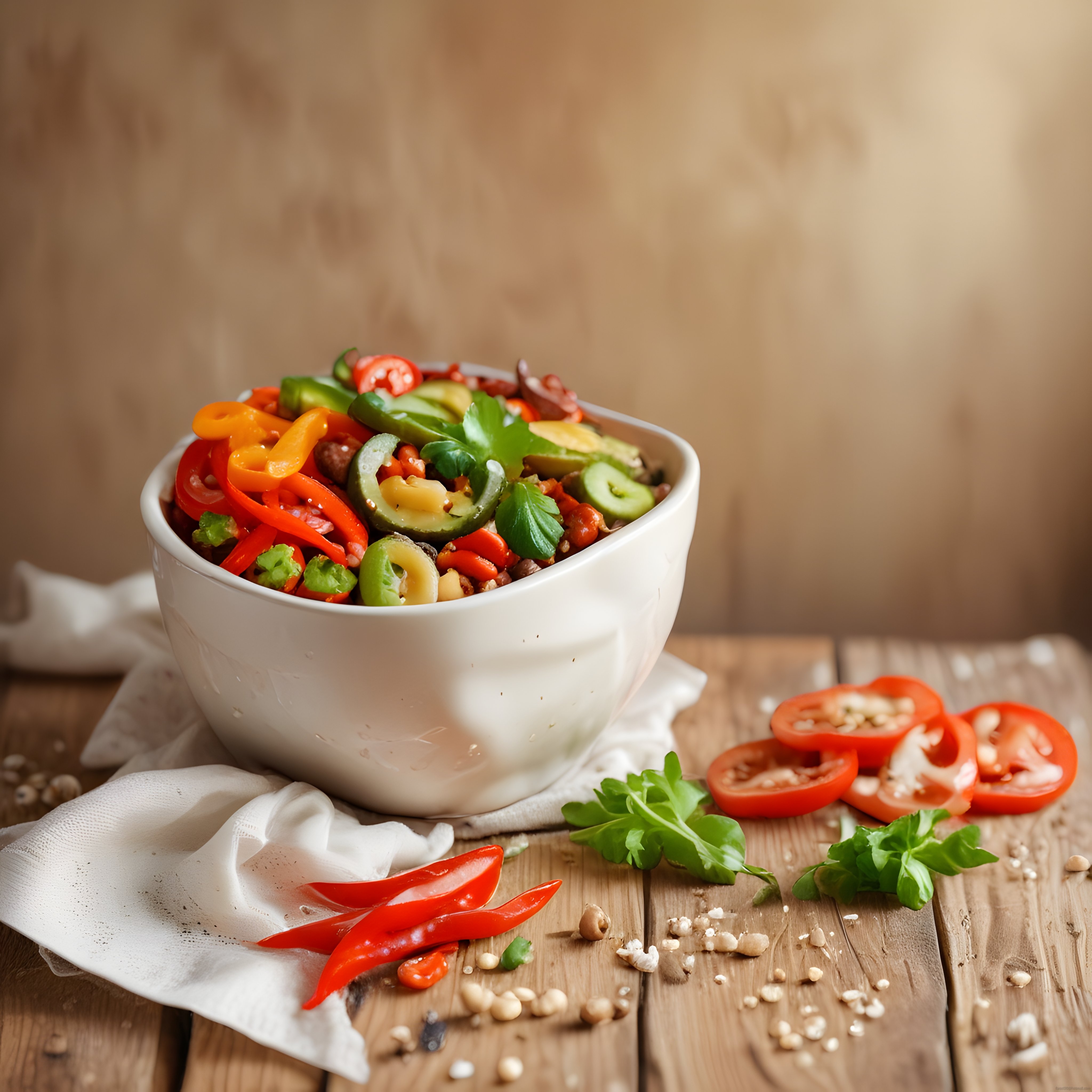 Rustik Ahşap Masada Beyaz Kasede Renkli Sebzeli Makarna Salatası
