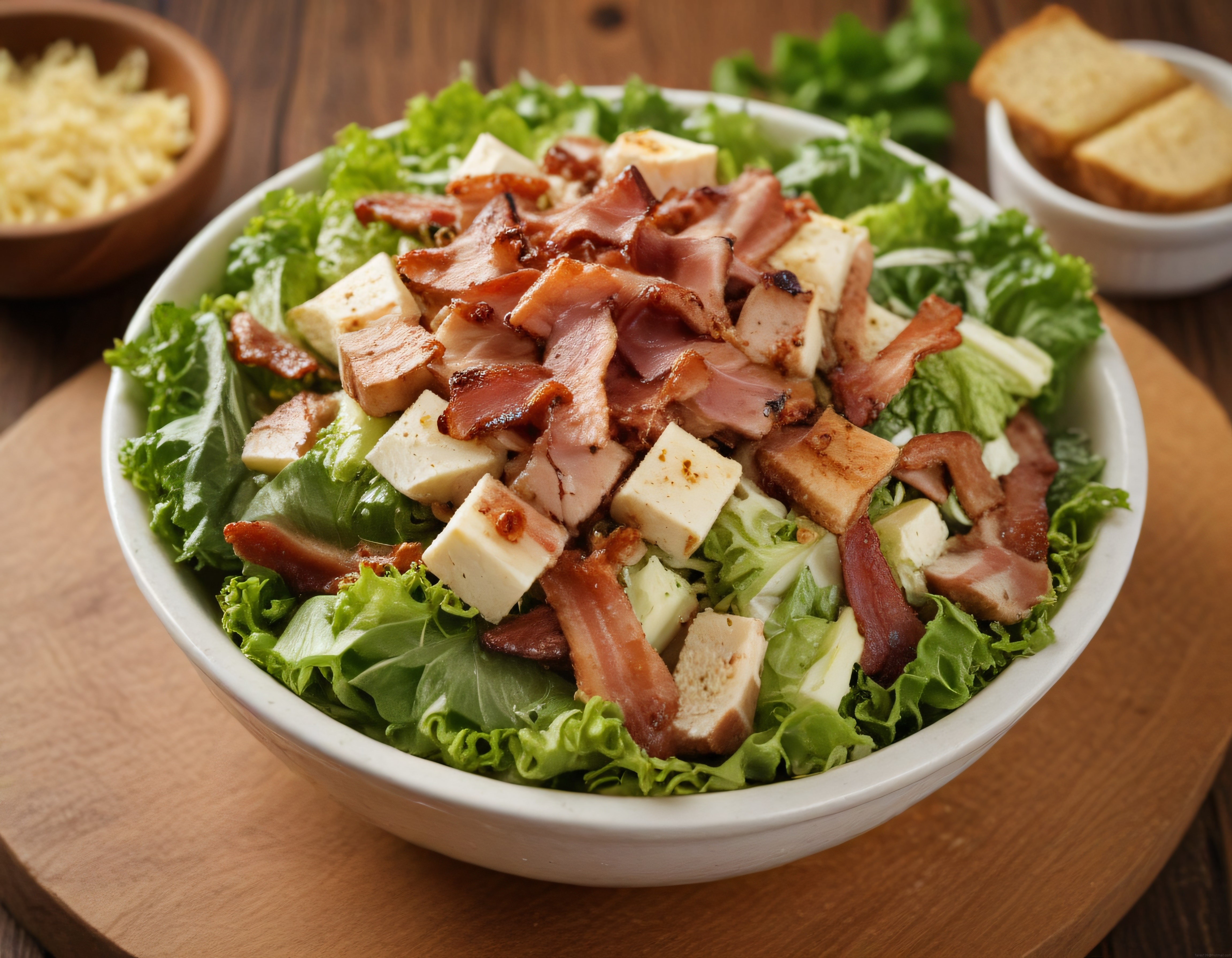 Rustik Ahşap Masada Beyaz Kasede Tavuklu ve Pastırmalı Salata Tarifi