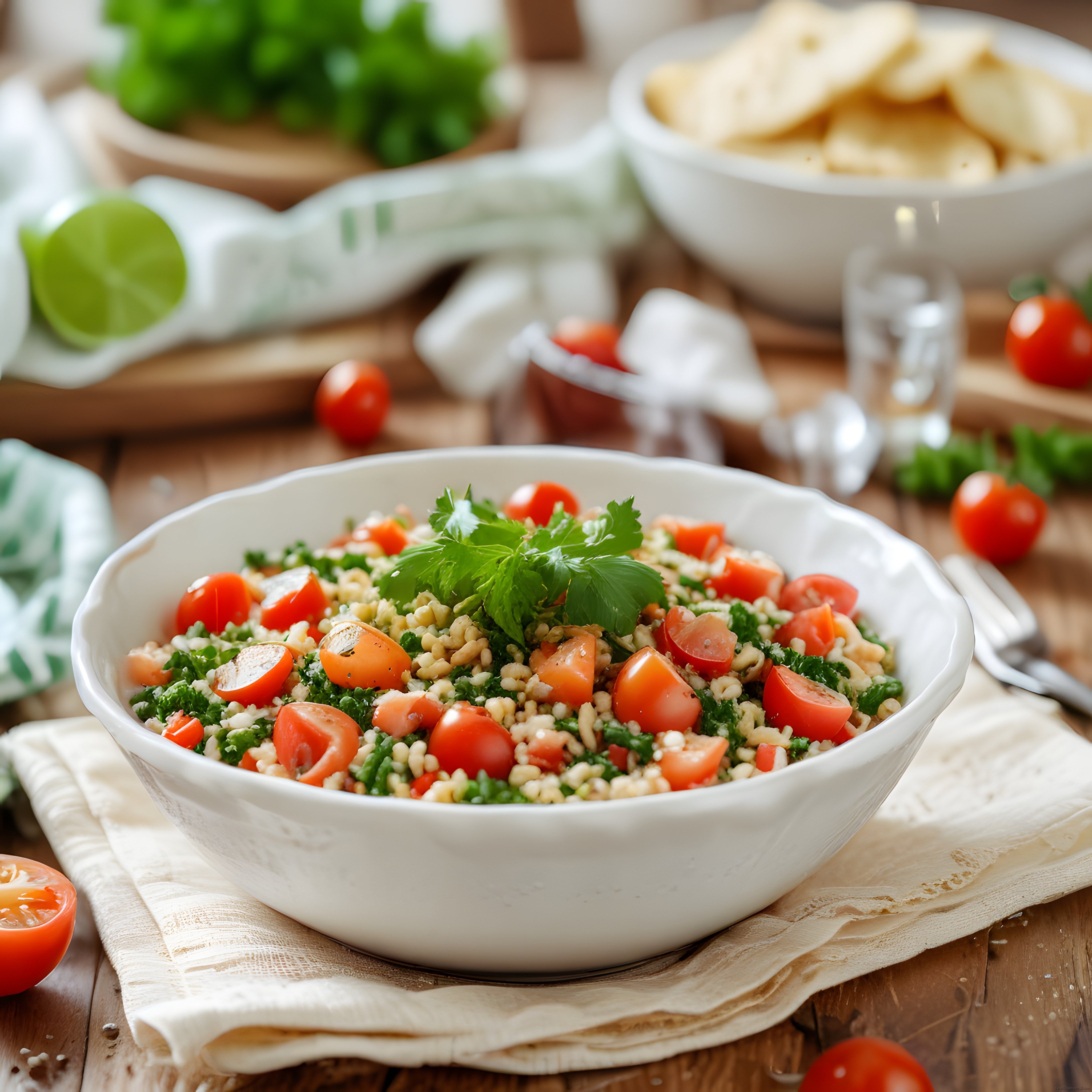 Rustik ahşap masada beyaz kasede taze domatesli maydanozlu bulgur salatası
