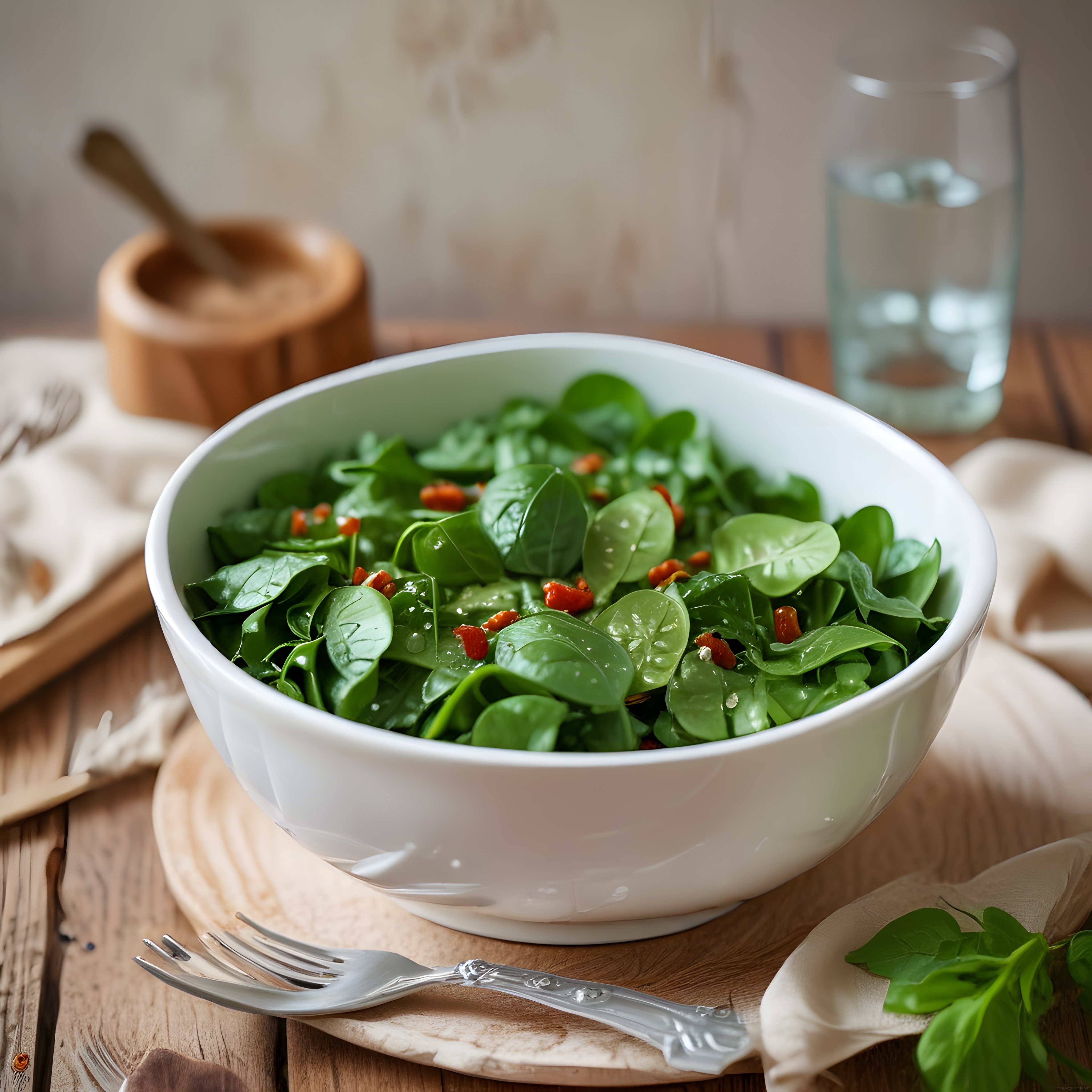 Rustik Ahşap Masada Beyaz Kasede Taze Ispanak Salatası ve Goji Berry