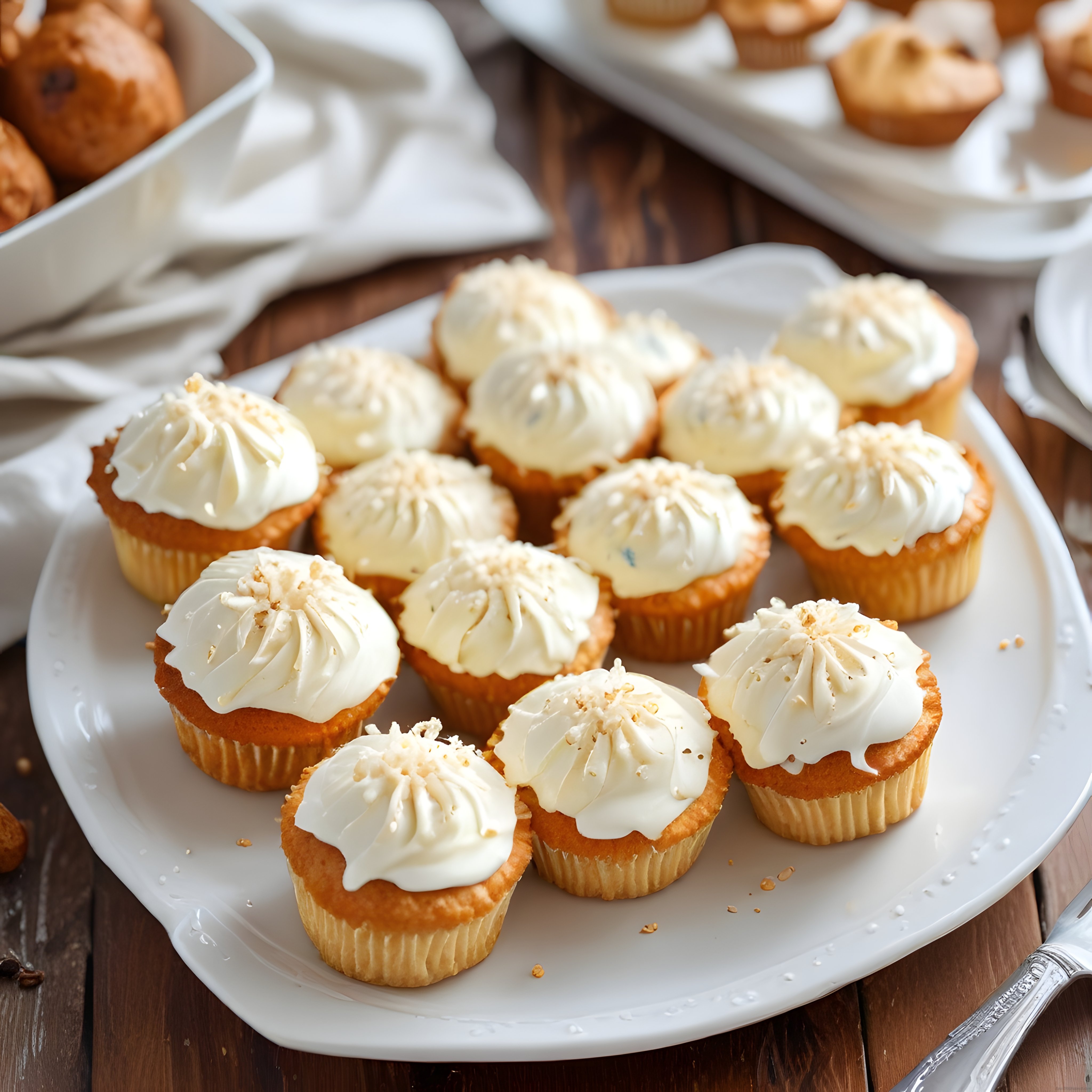 Rustik Ahşap Masada Beyaz Krema ve Fındık Parçacıklı Cupcake Koleksiyonu
