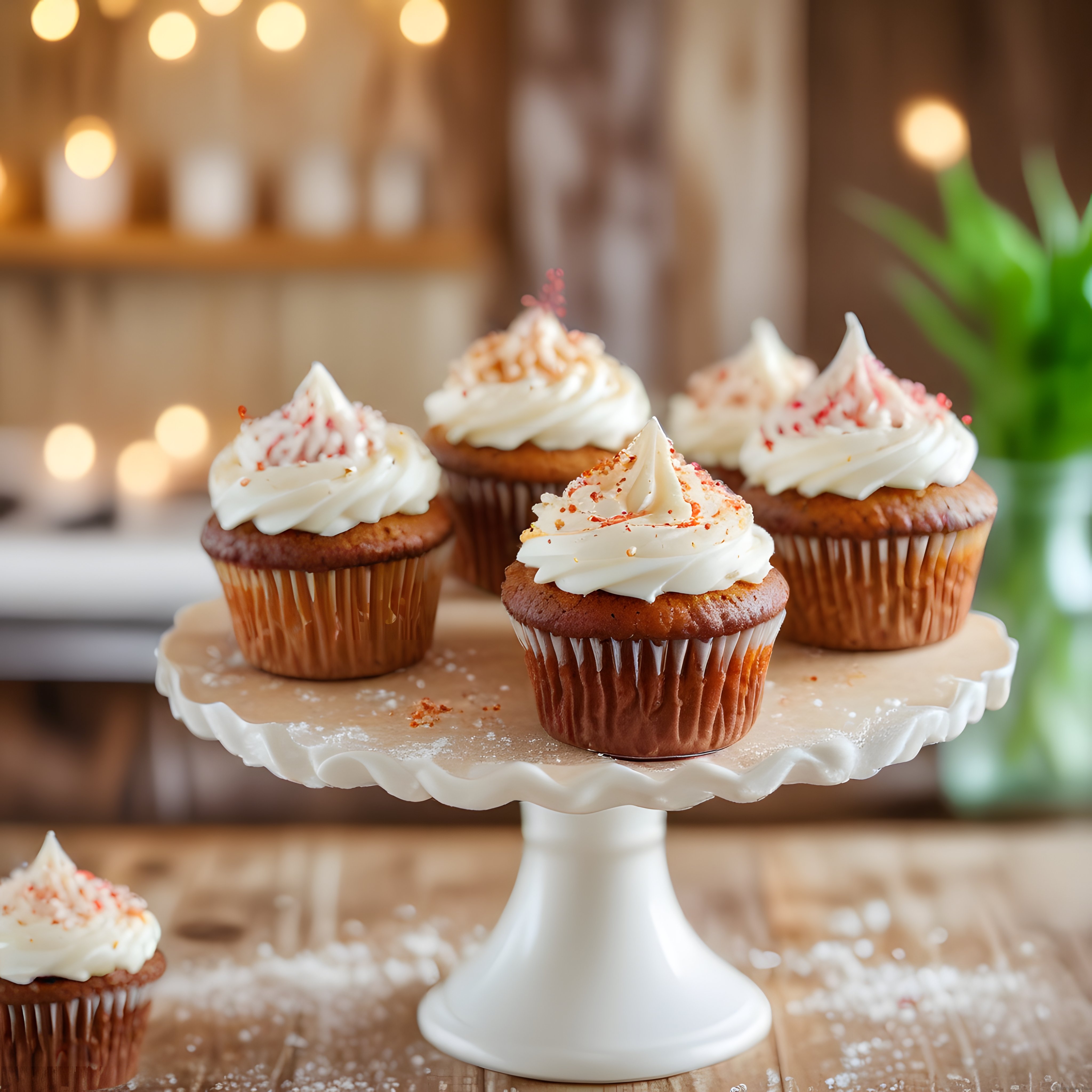 Rustik Ahşap Masada Beyaz Kremalı Cupcake'ler ve Renkli Tatlı Süslemeler