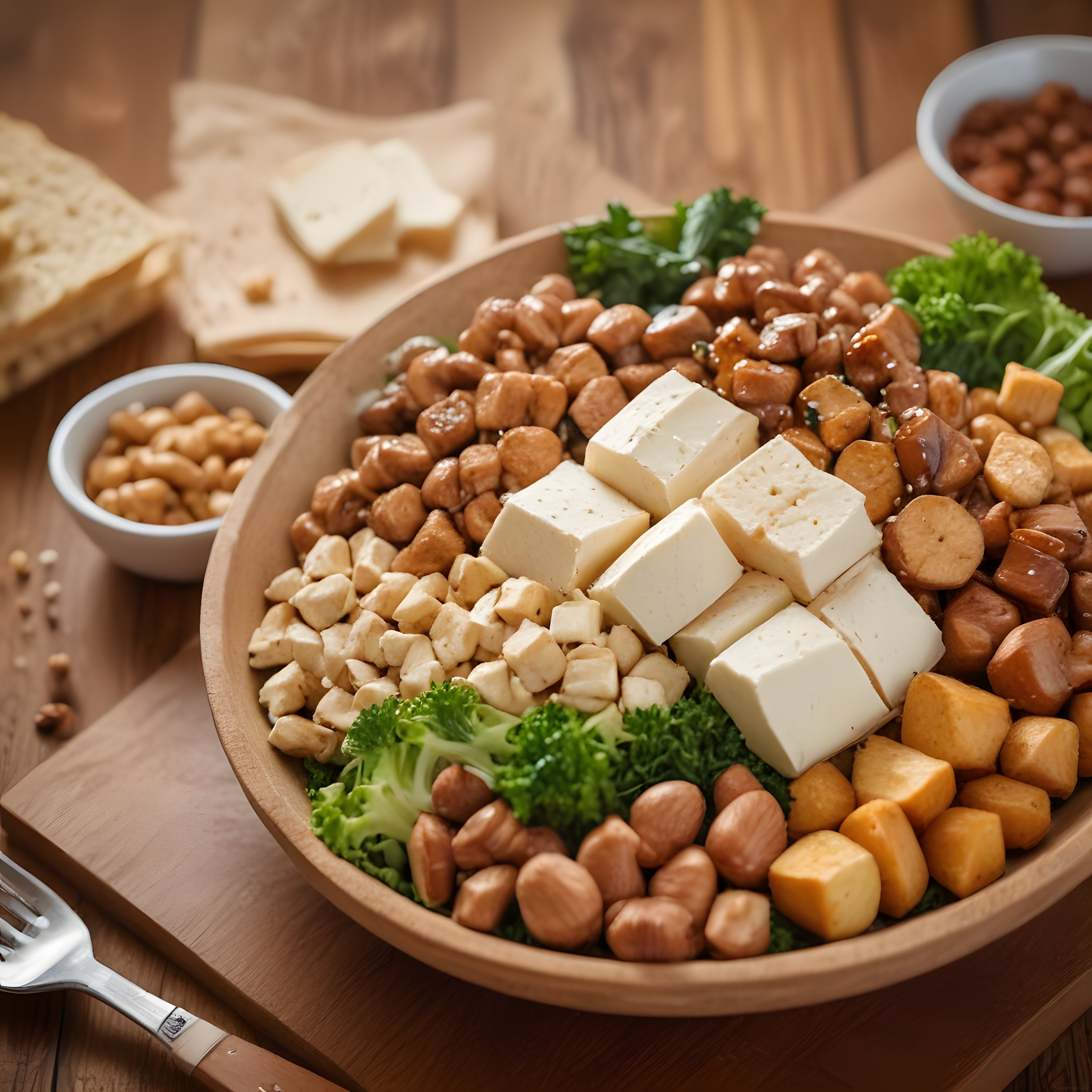 Rustik Ahşap Masada Beyaz Peynirli Tavuklu Sağlıklı Protein Kasesi