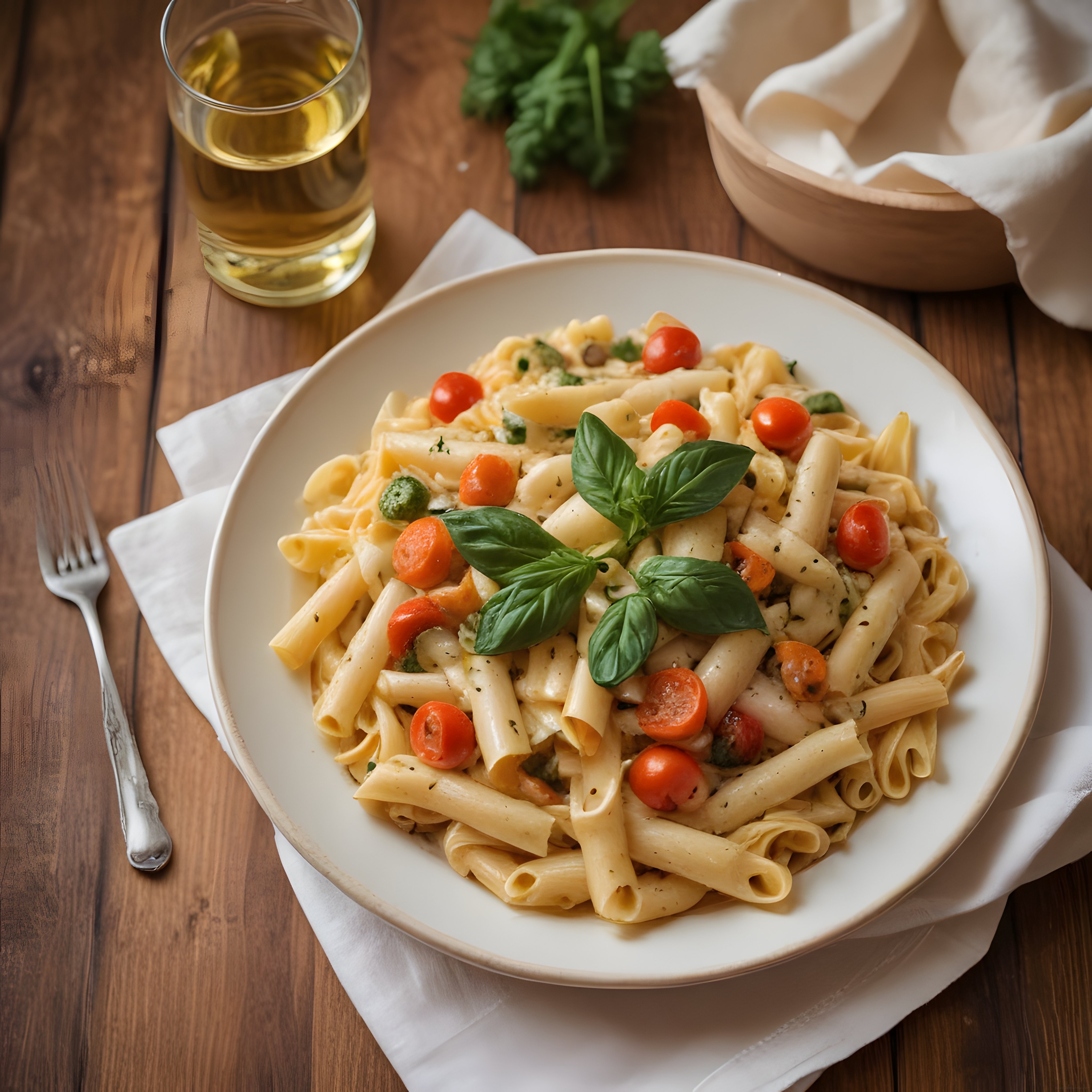Rustik Ahşap Masada Beyaz Şarap Eşliğinde Fesleğenli Penne Makarna