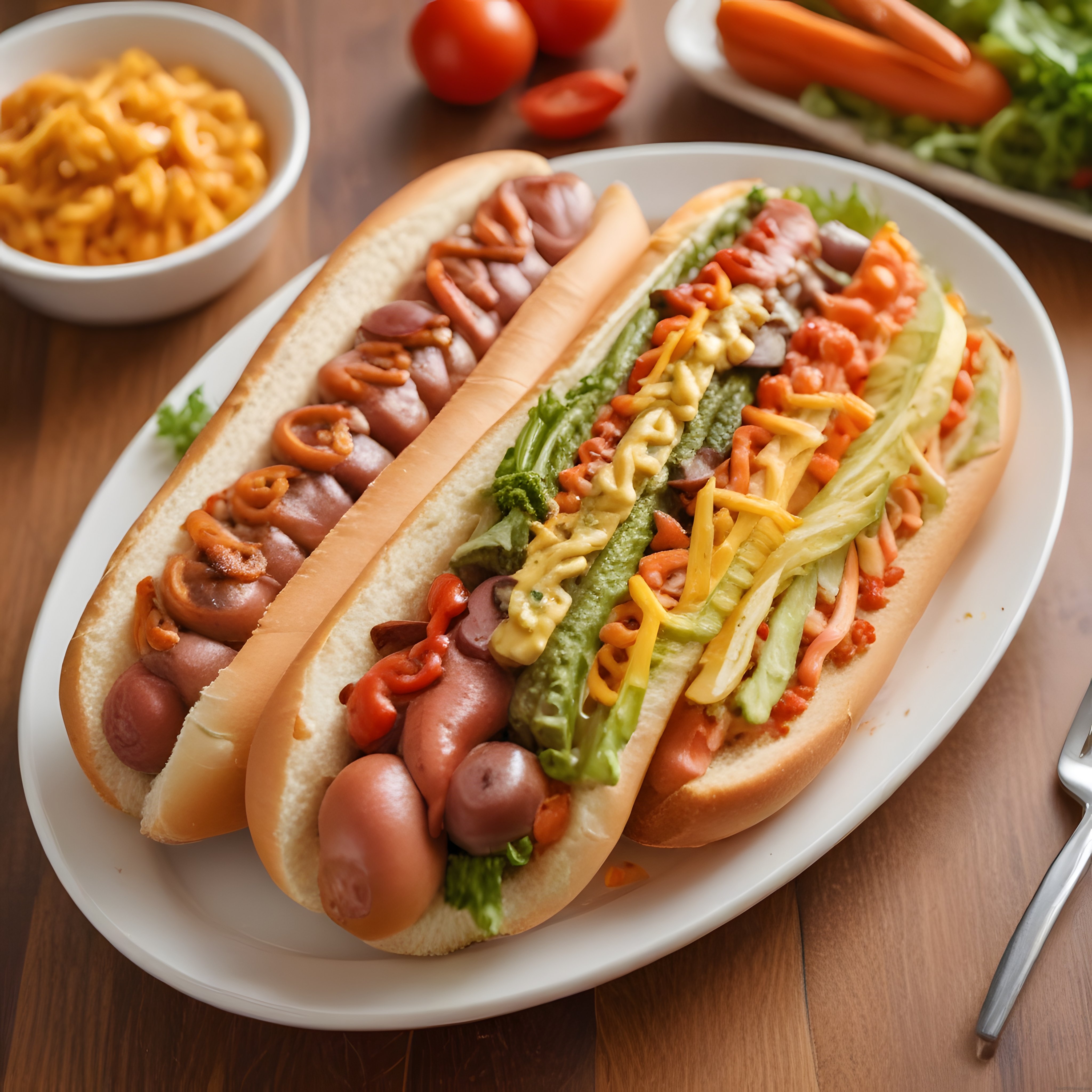 Rustik Ahşap Masada Bol Malzemeli İkili Hot Dog ve Peynir Sunumu
