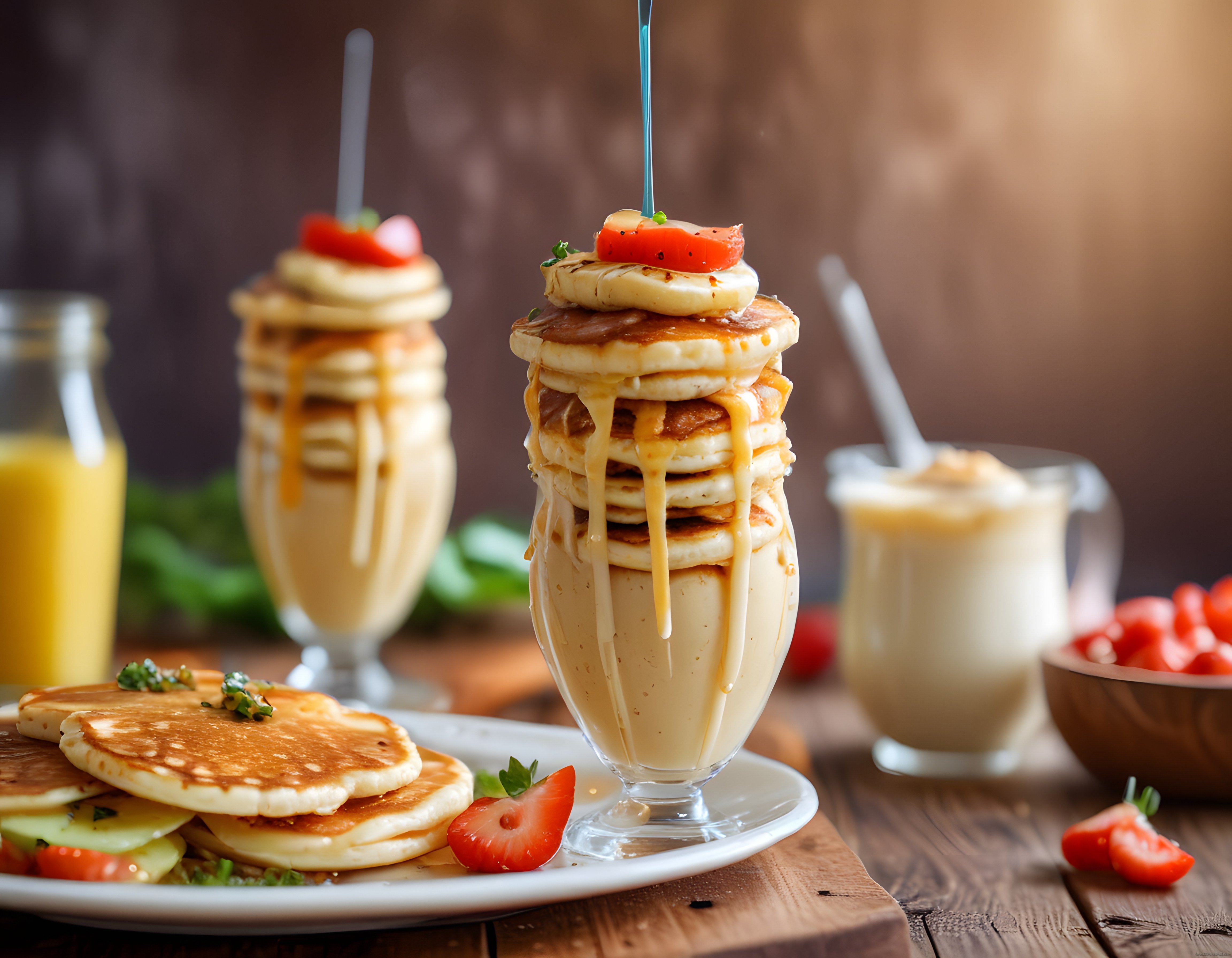 Rustik Ahşap Masada Bol Şuruplu Muzlu Çilekli Pankek Kulesi ve Smoothie