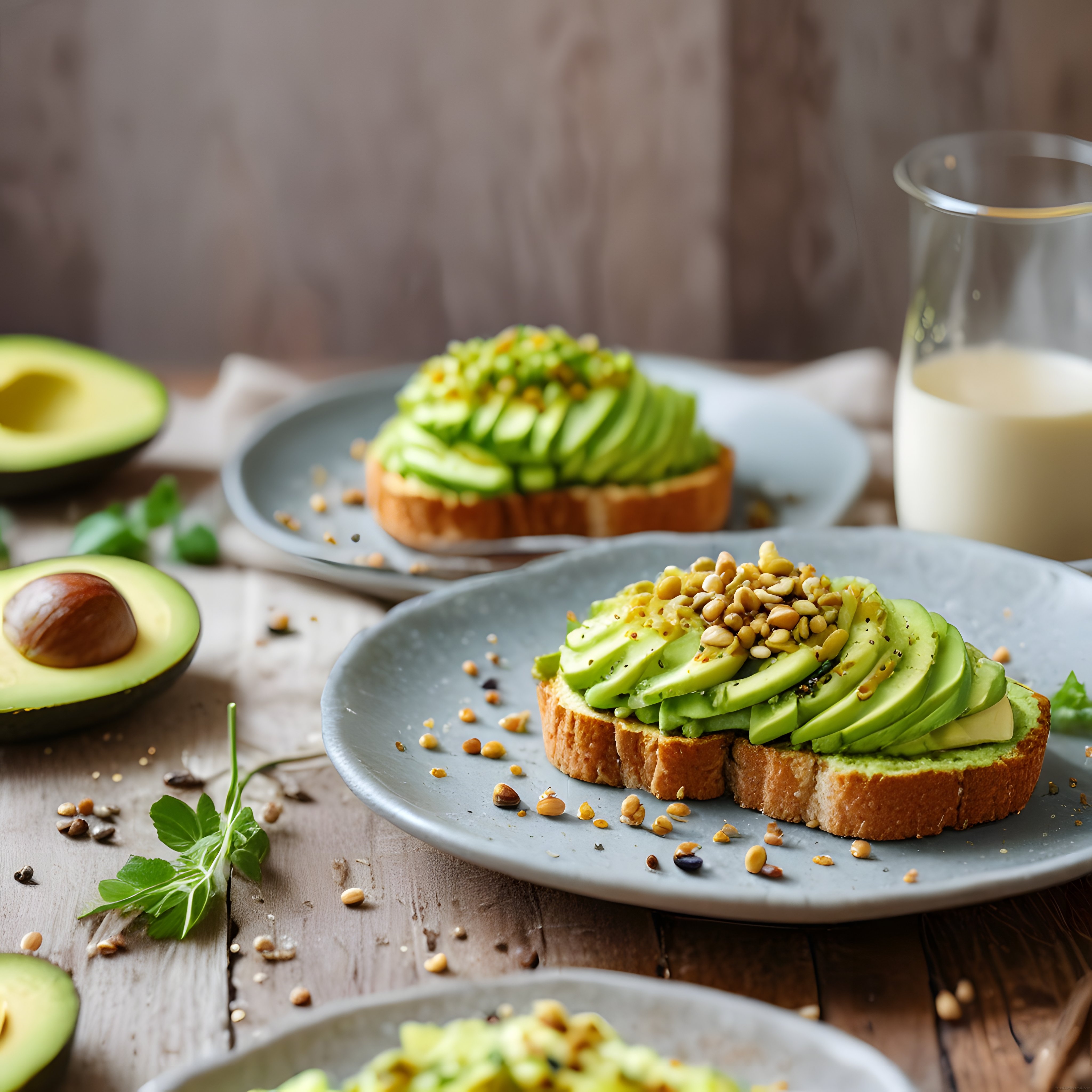 Rustik ahşap masada çam fıstıklı avokado toast ve süt ile sağlıklı kahvaltı