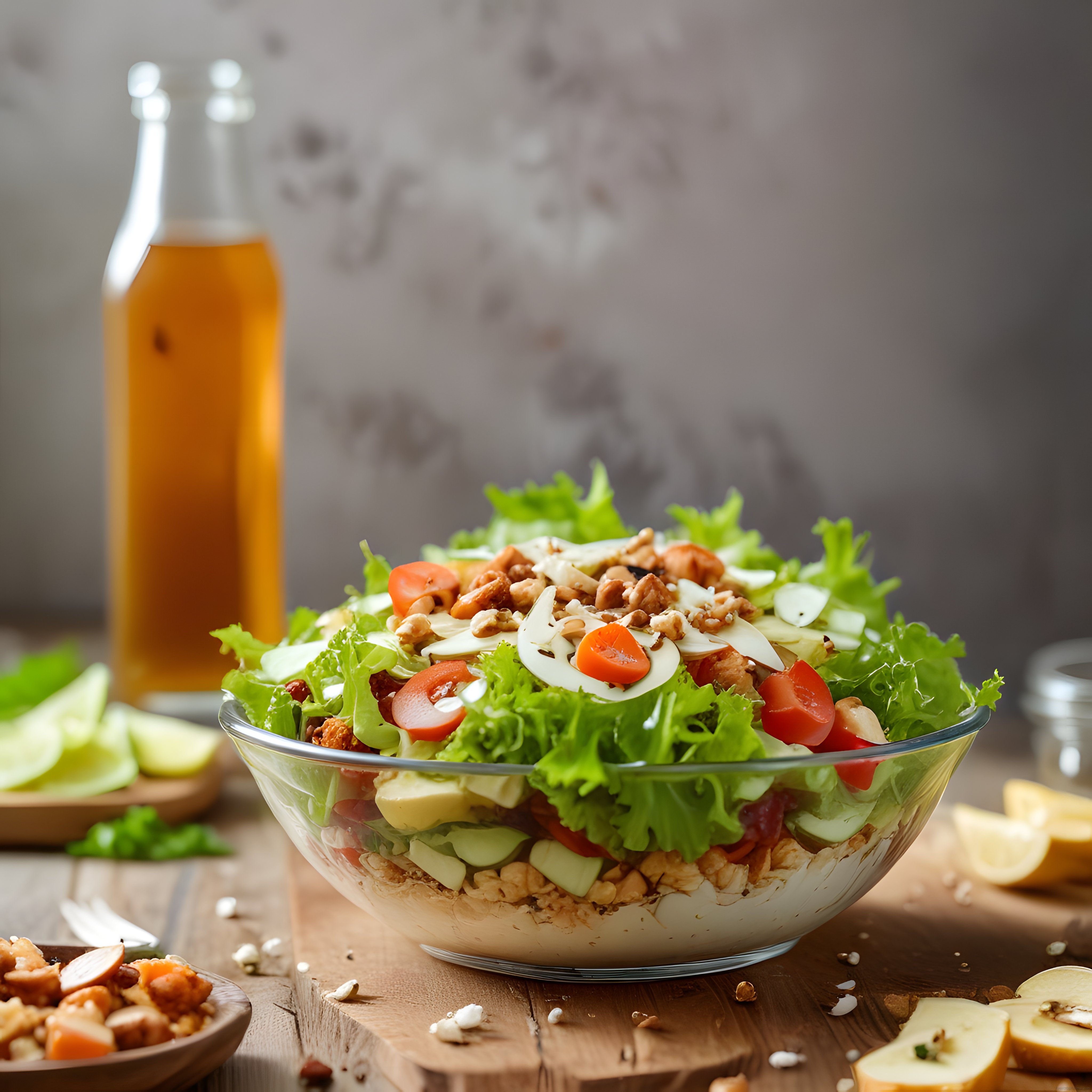 Rustik Ahşap Masada Cam Kasede Cevizli ve Peynirli Taze Salata Sunumu