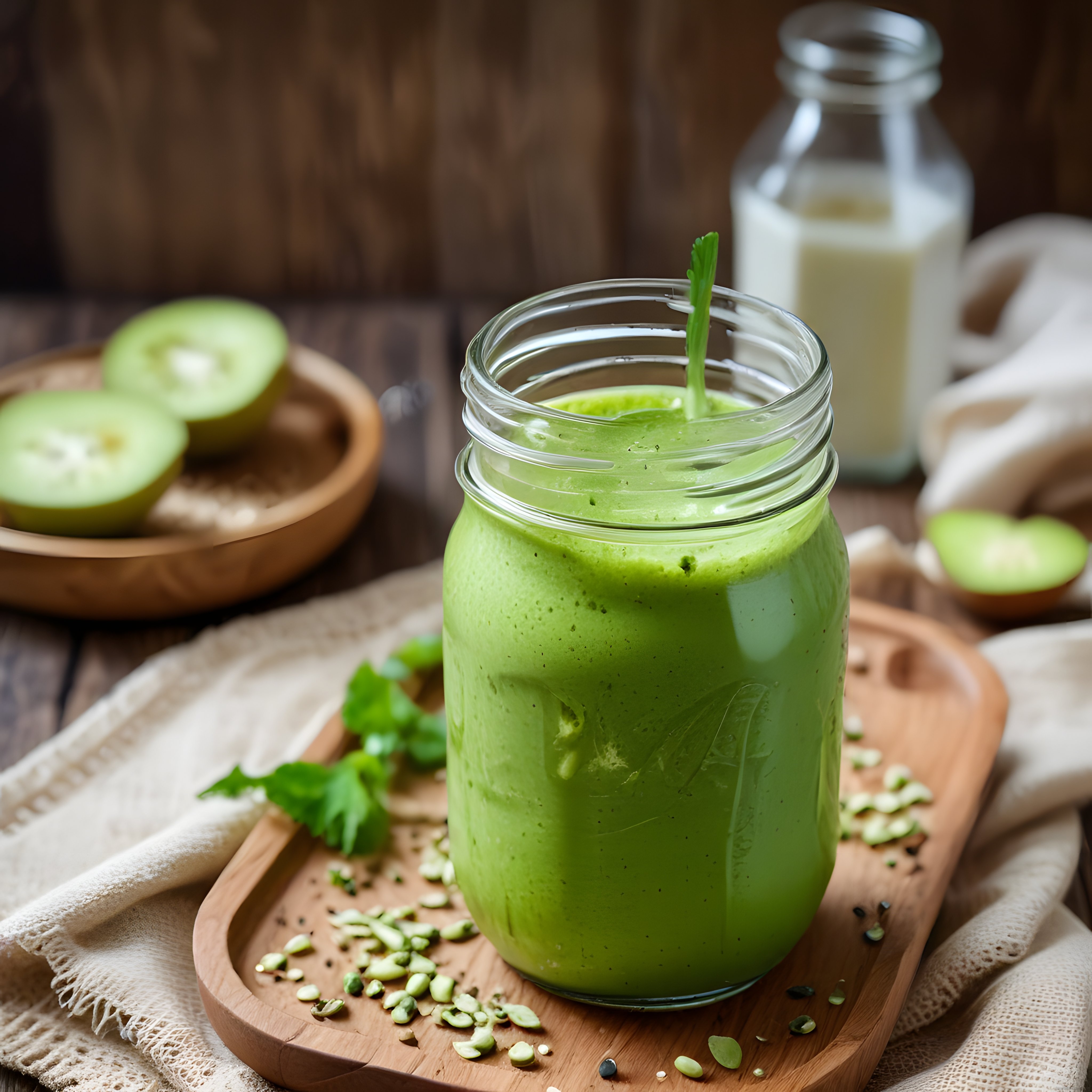 Rustik Ahşap Masada Cam Kavanozda Taze Yeşil Smoothie ve Dilimlenmiş Kivi