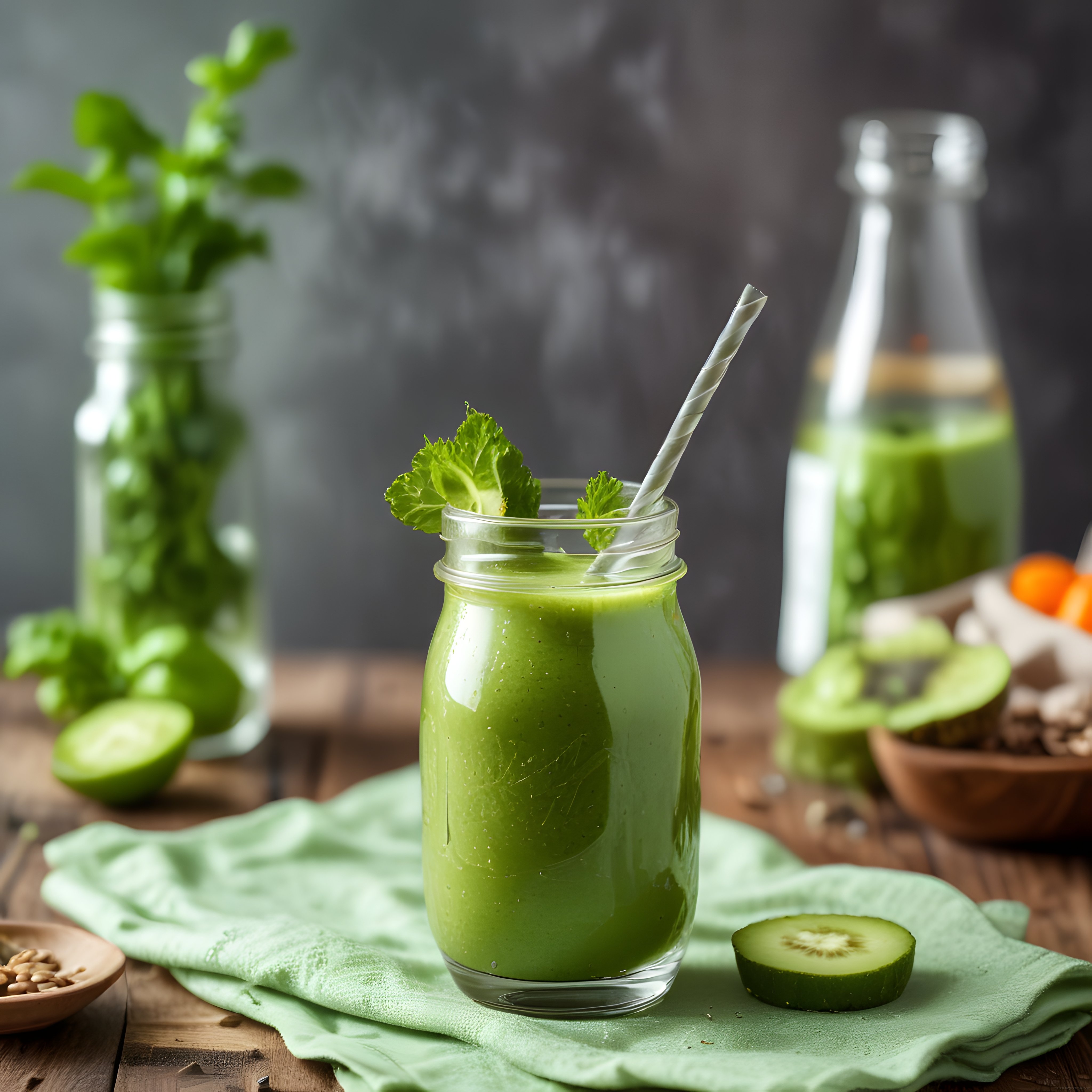 rustik ahşap masada cam kavanozda yeşil detoks smoothie ve taze malzemeler