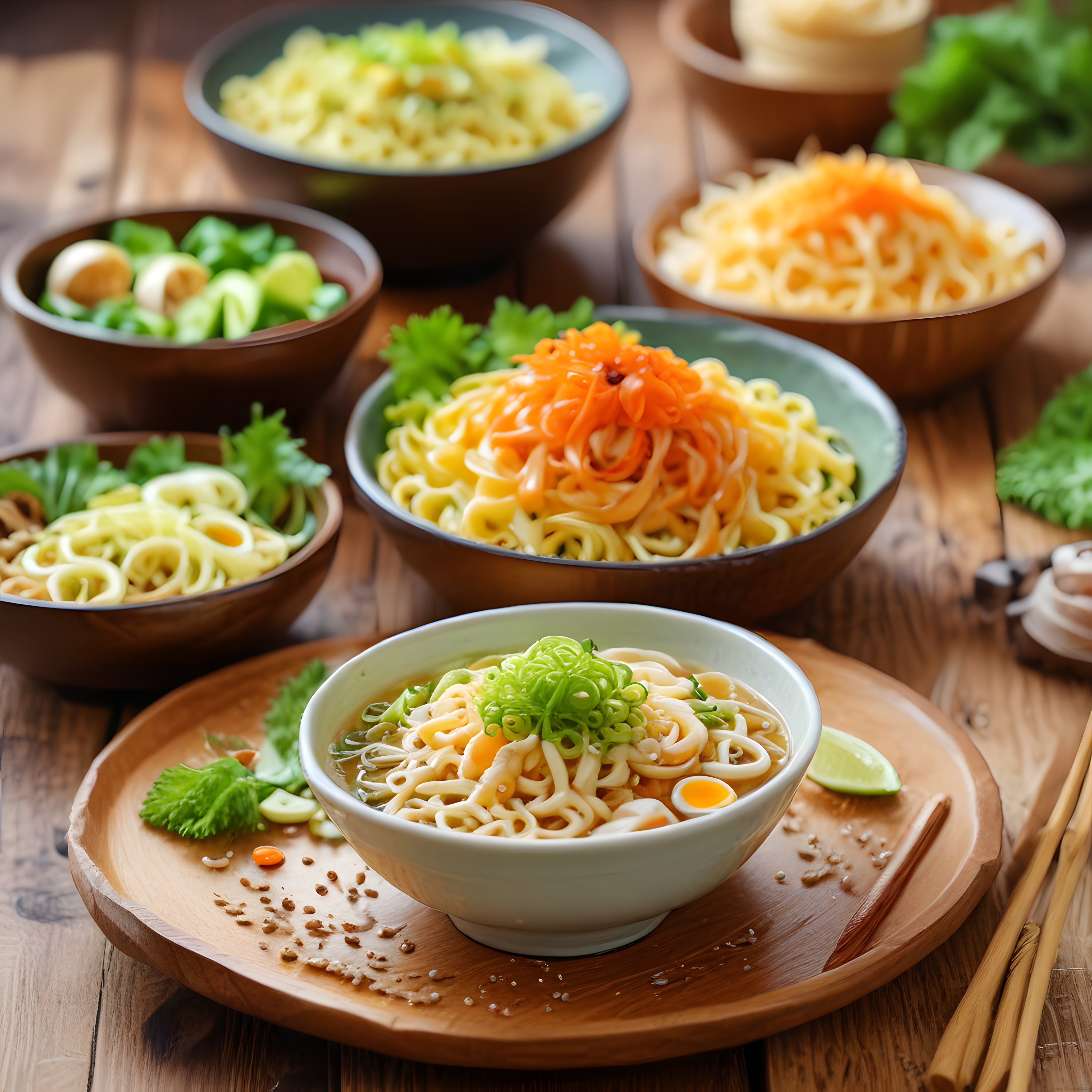 rustik ahşap masada çeşitli asya noodle kaseleri ve taze garnürler