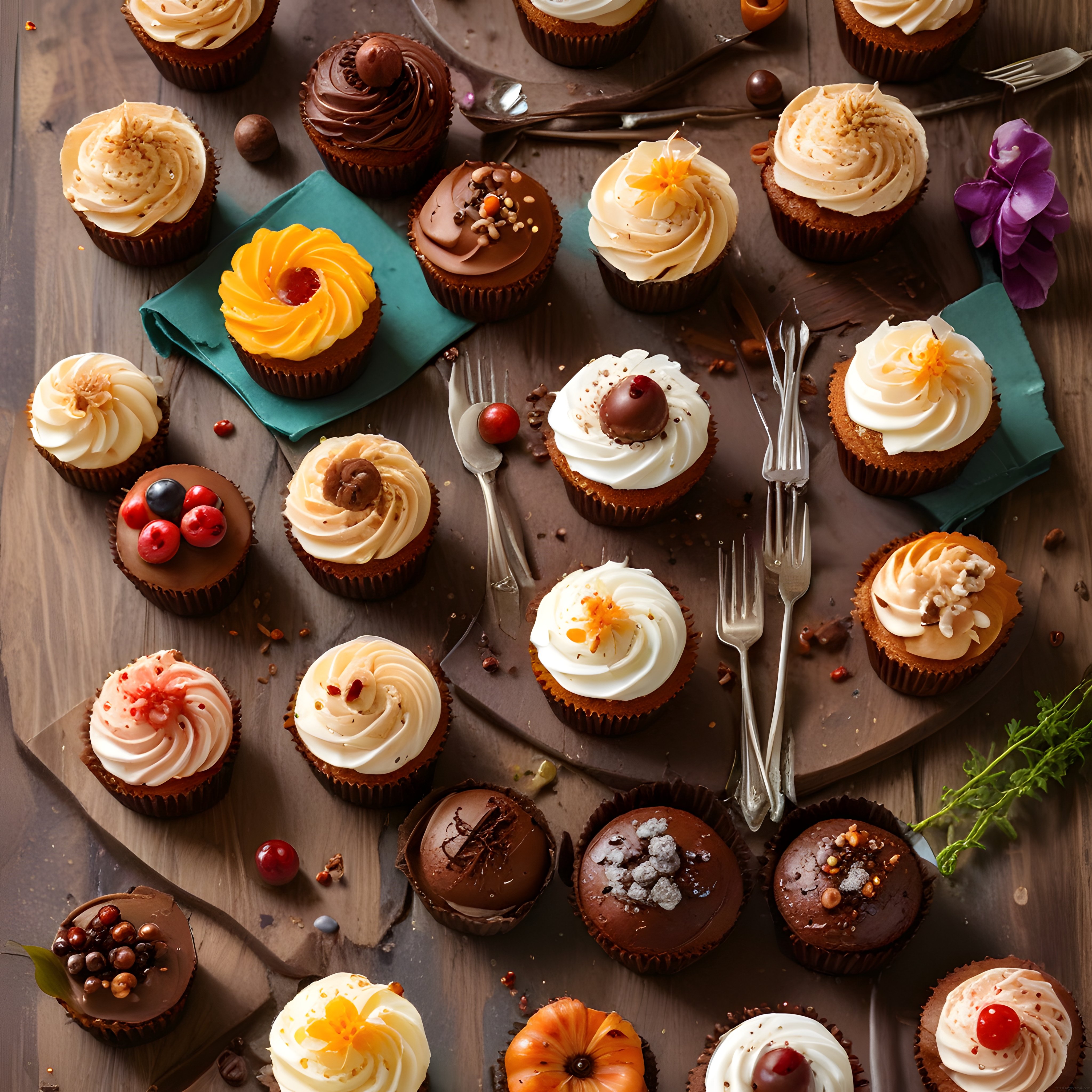 rustik ahşap masada çeşitli süslenmiş cupcakeler ve lezzetli tatlılar