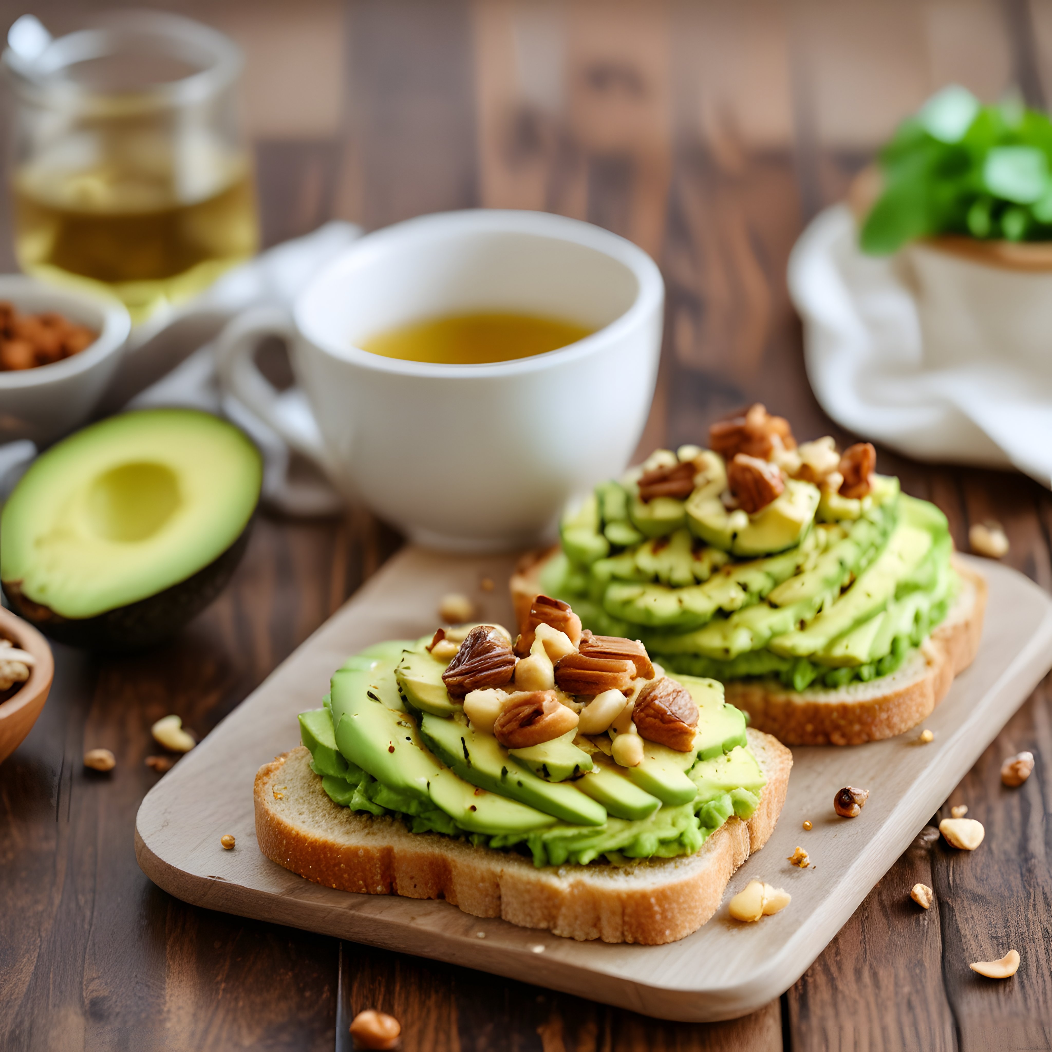Rustik Ahşap Masada Cevizli Avokado Tost ve Bitki Çayı ile Yavaş Kahvaltı Keyfi