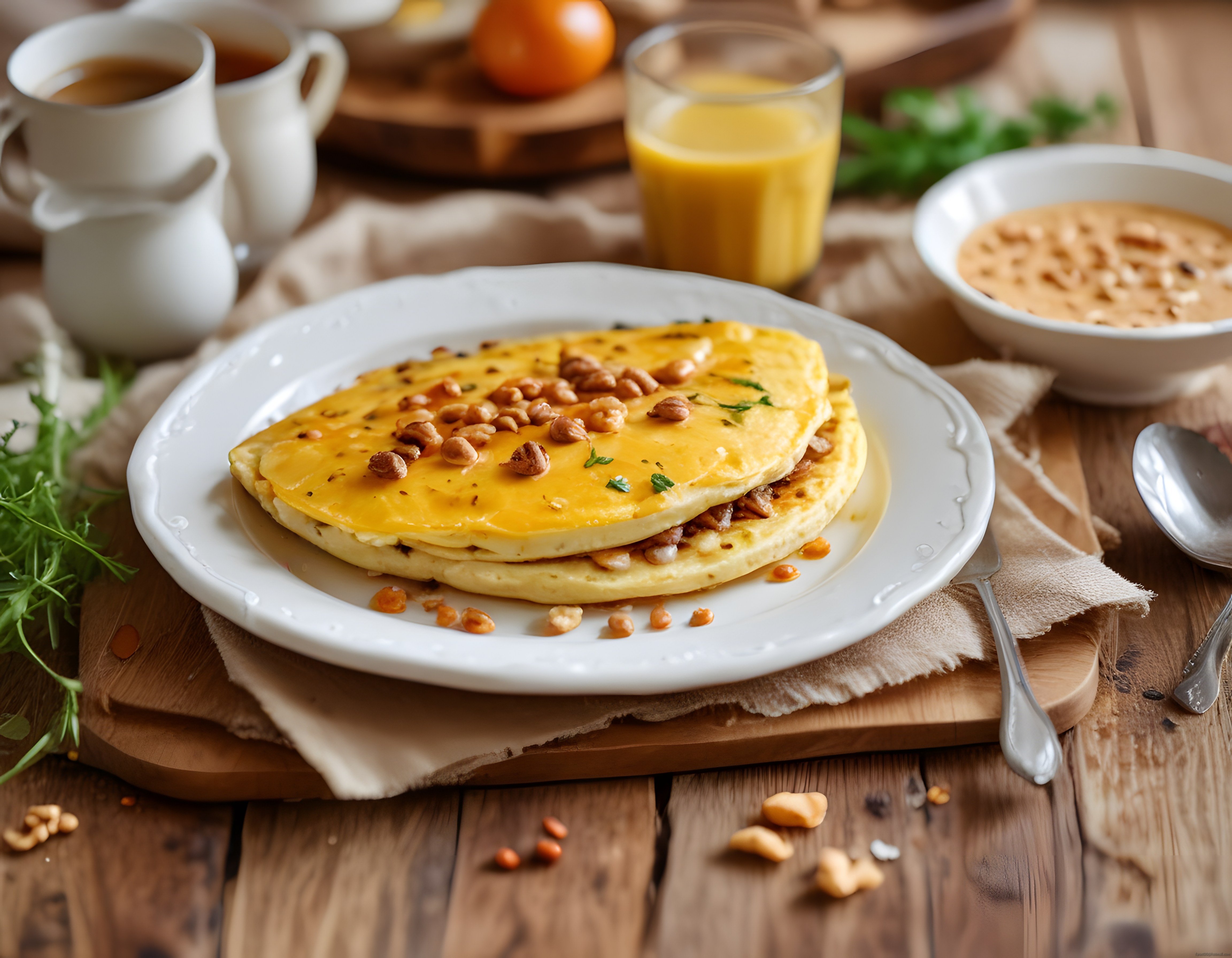 Rustik Ahşap Masada Cevizli Sıcak Omlet ve Portakal Suyuyla Kahvaltı