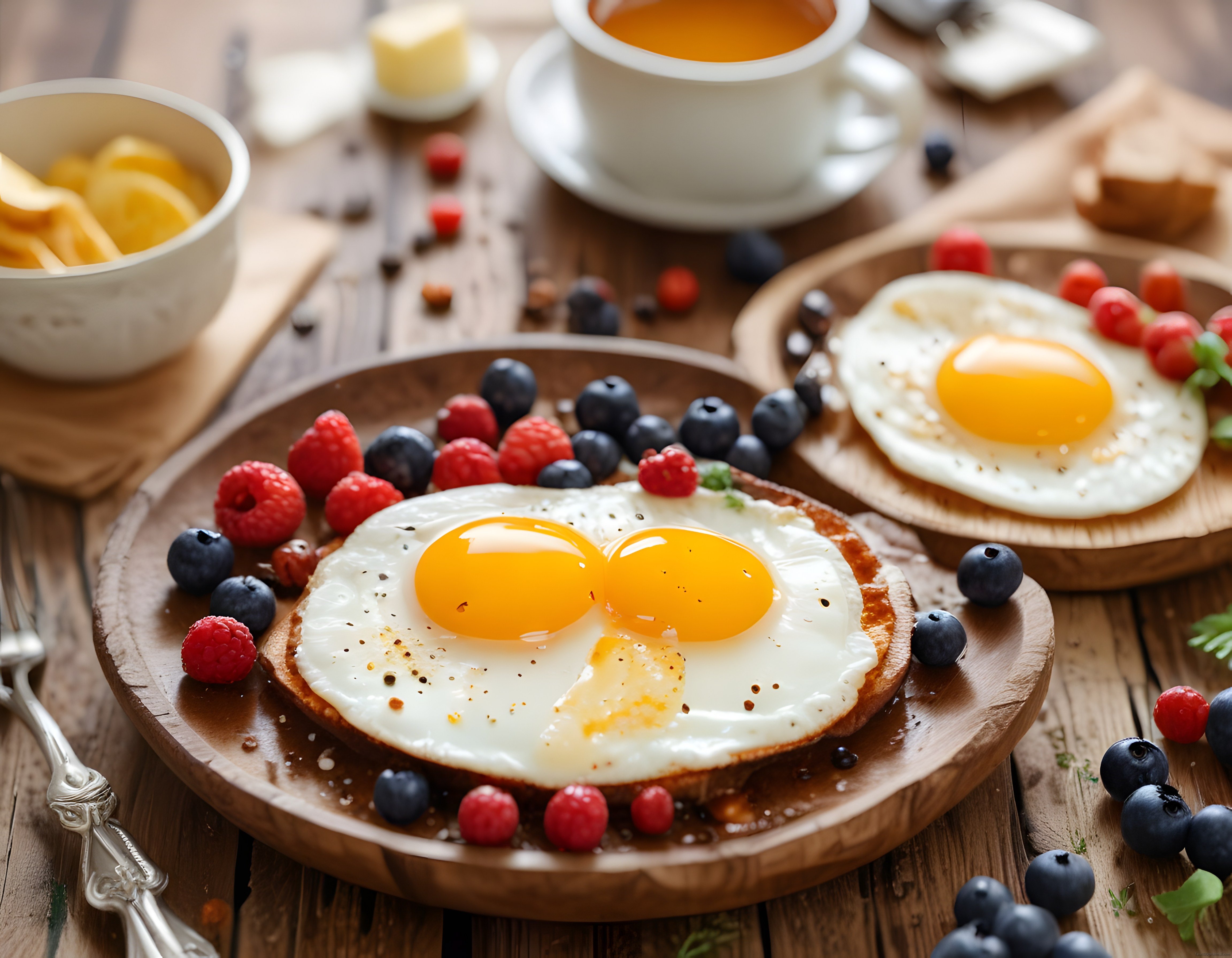 Rustik Ahşap Masada Çift Gözlü Yumurta ve Taze Orman Meyveli Kahvaltı