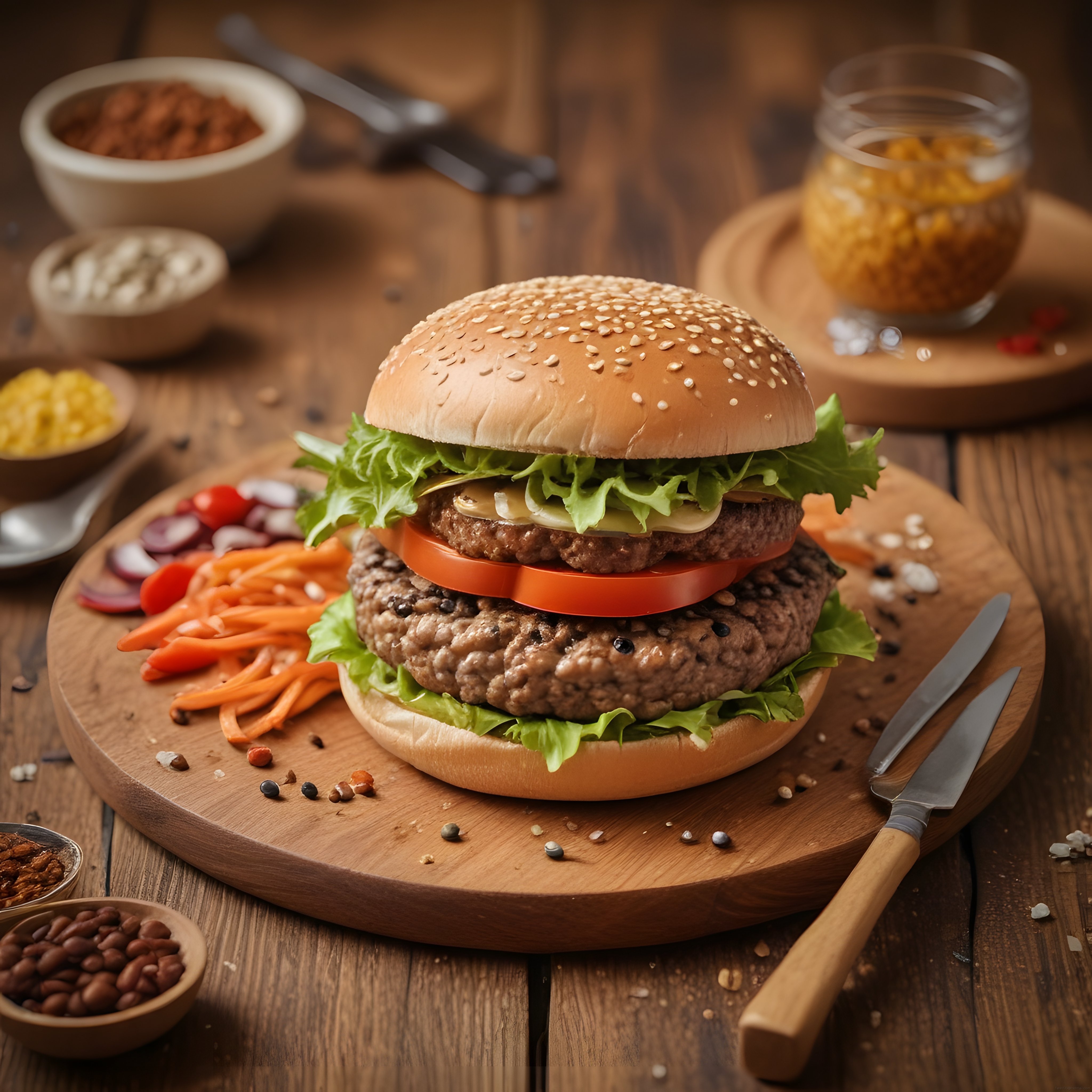 Rustik Ahşap Masada Çift Katlı Hamburger ve Taze Malzemelerle Sunum