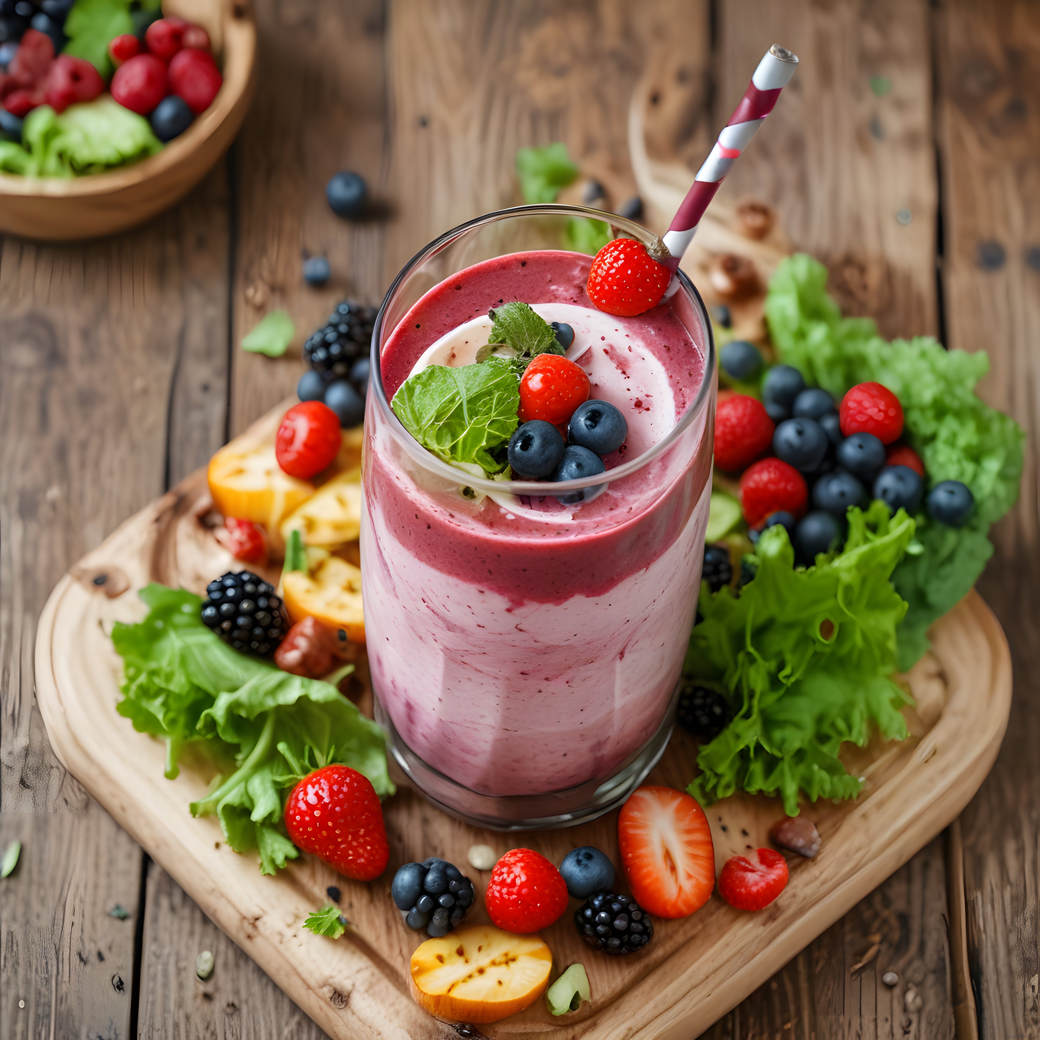 Rustik Ahşap Masada Çift Katmanlı Orman Meyveli Smoothie ve Taze Süslemeler