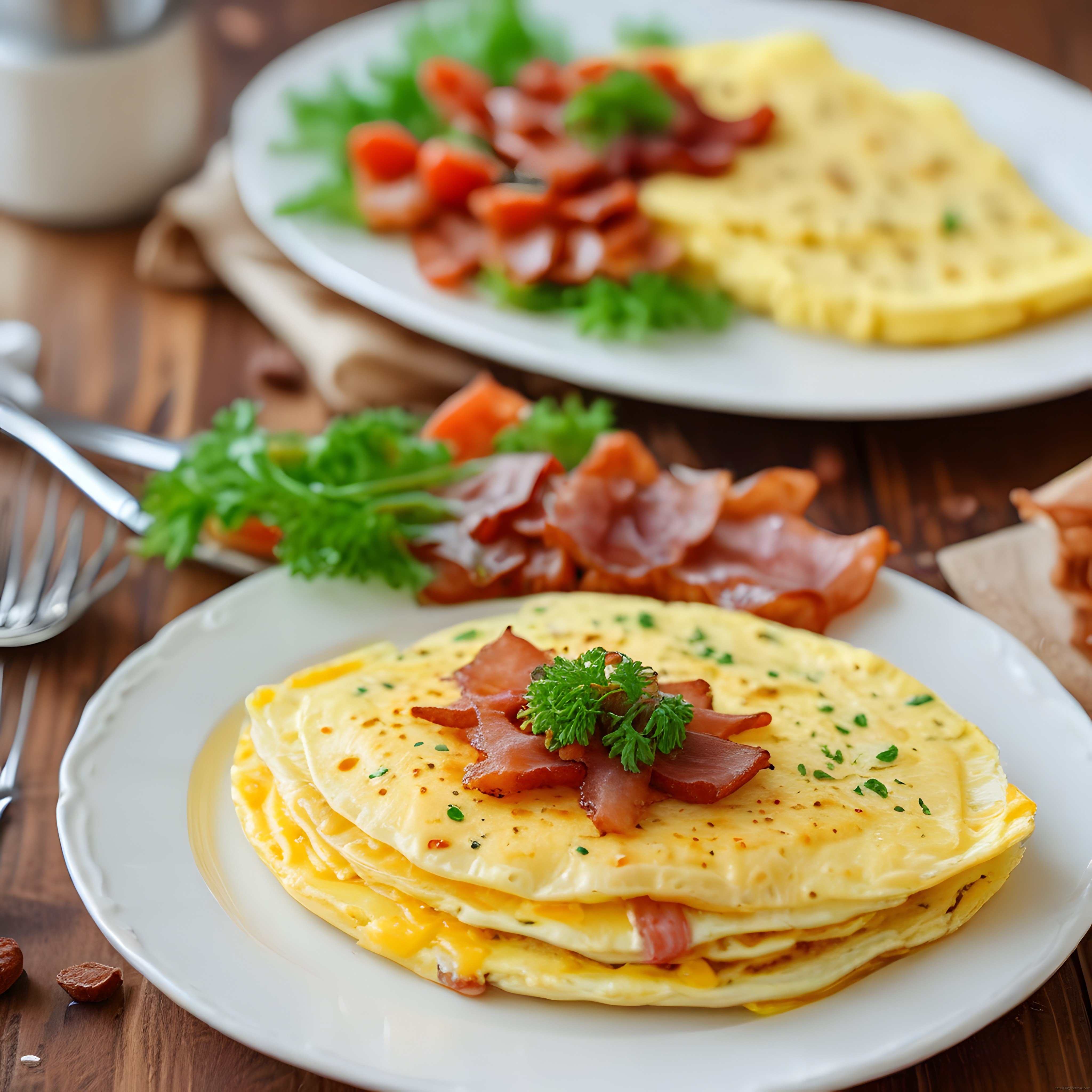 Rustik Ahşap Masada Çift Tabaklı Peynirli Omlet ve Jambon Sunumu